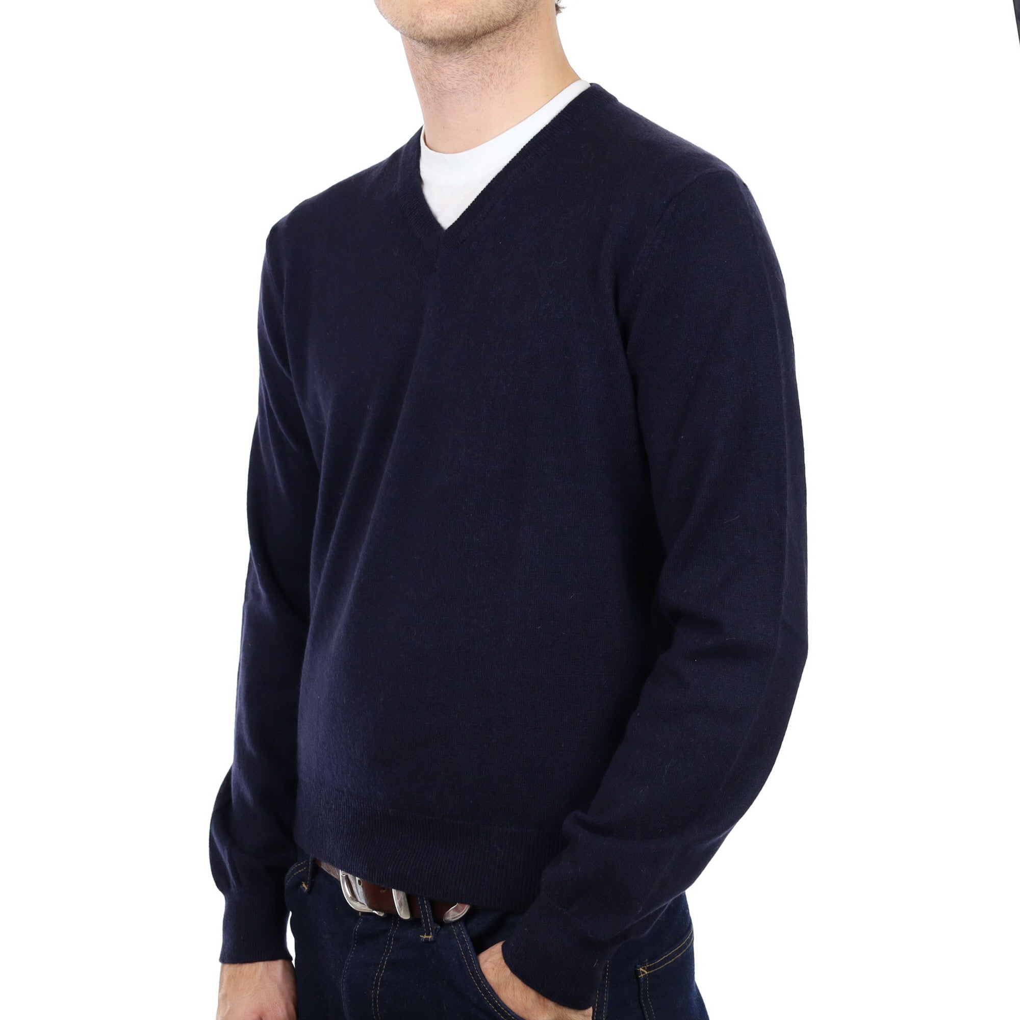Men's Navy Blue Cashmere V Neck Jumper Medium