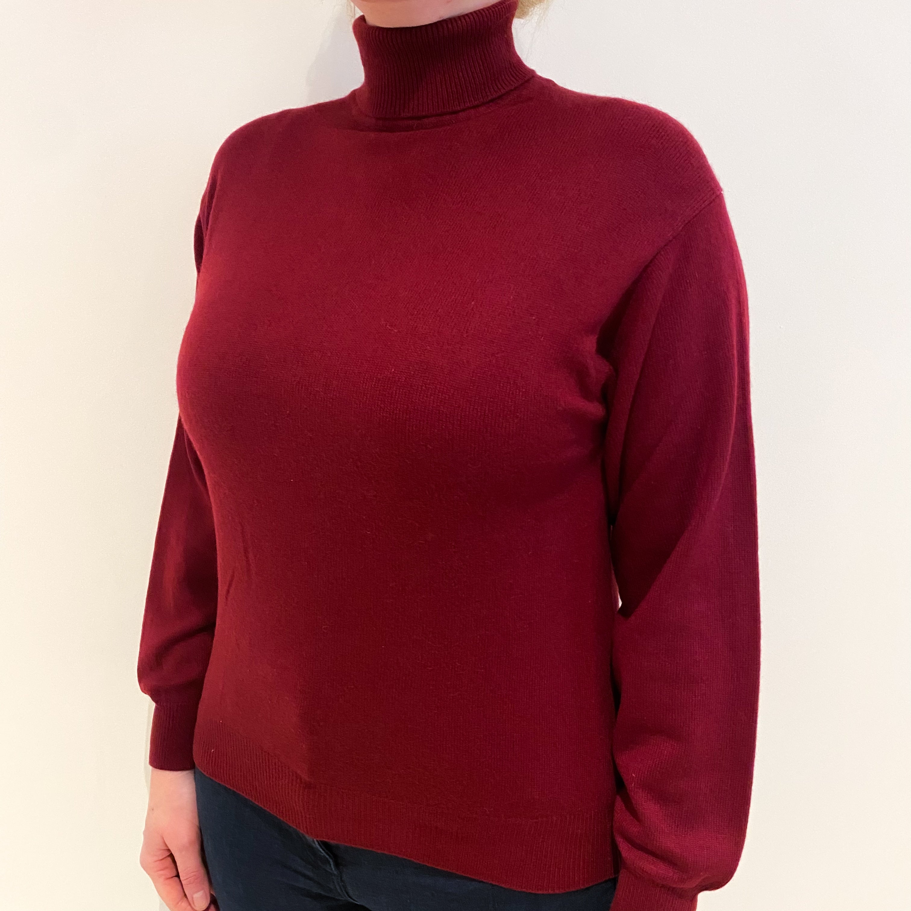 Burgundy Red Cashmere Polo Neck Jumper Large