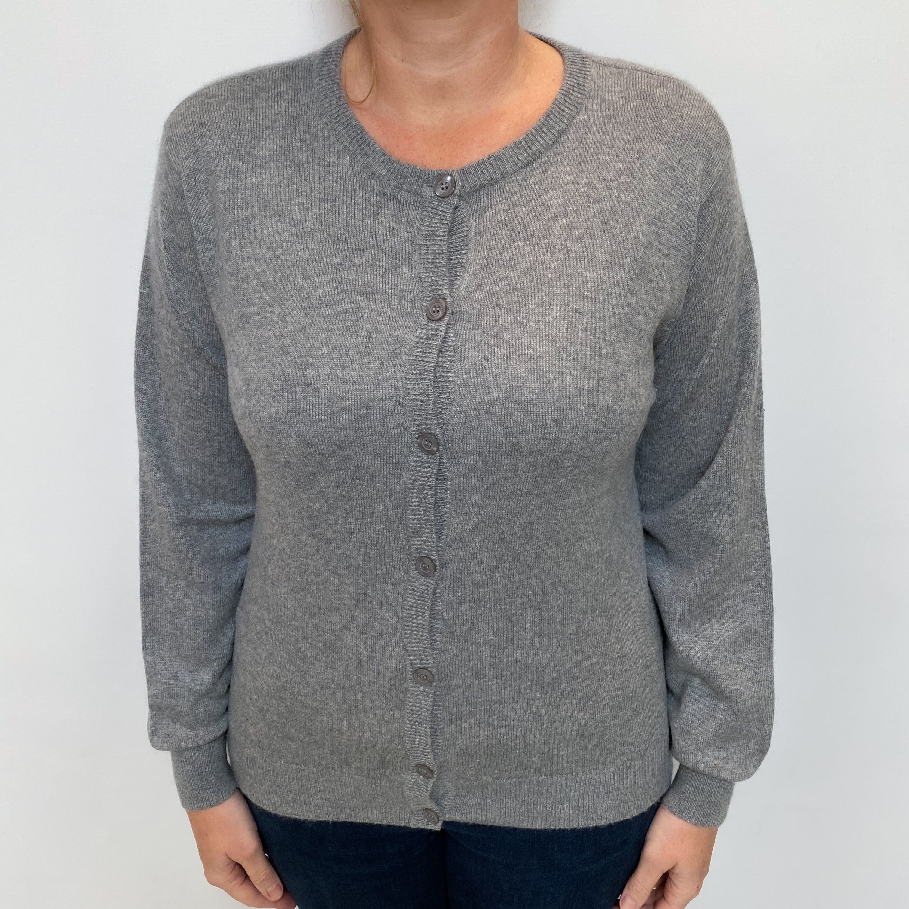 Ash Grey Cashmere Crew Neck Cardigan Large