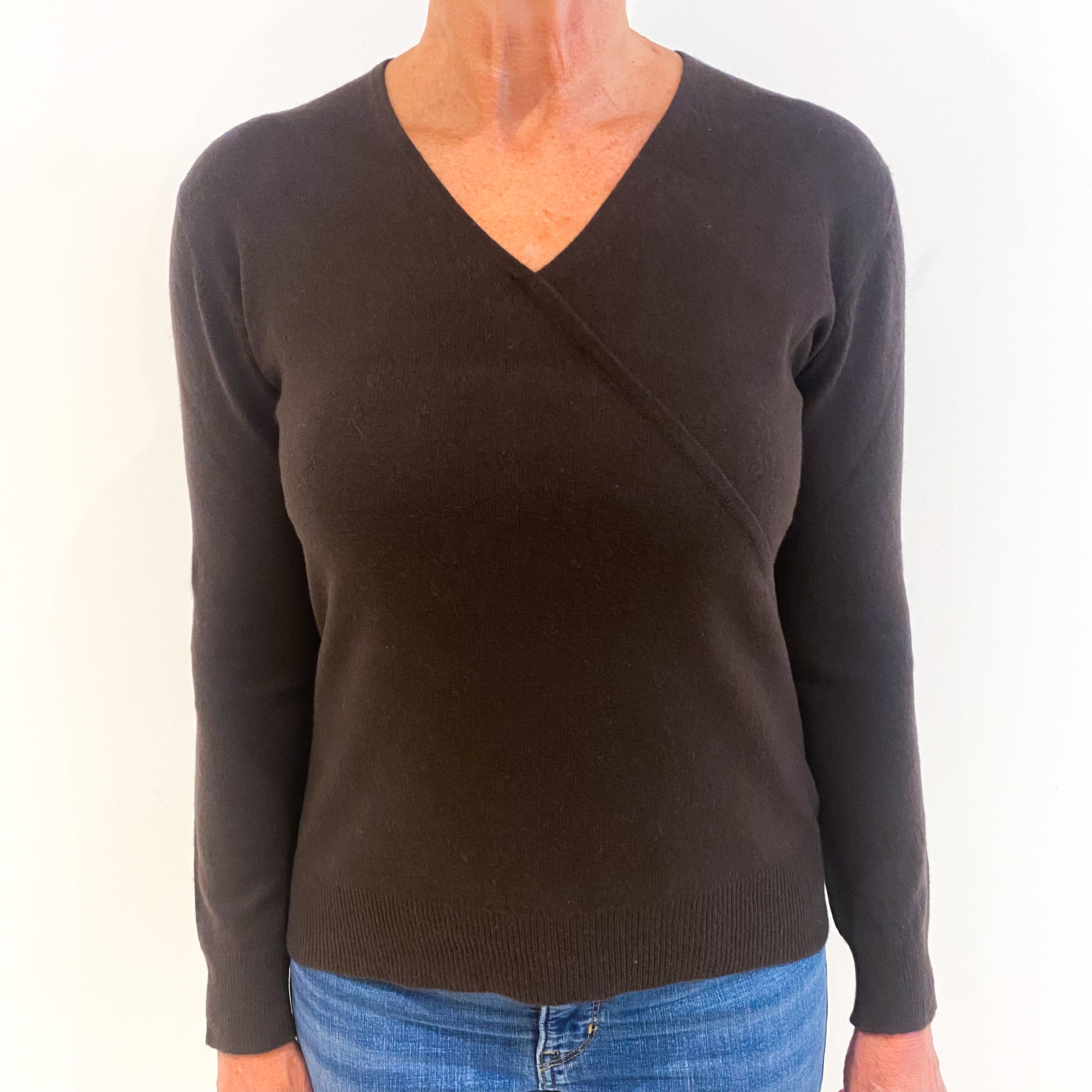 Peppercorn Brown Crossover Effect Cashmere V-Neck Jumper Medium