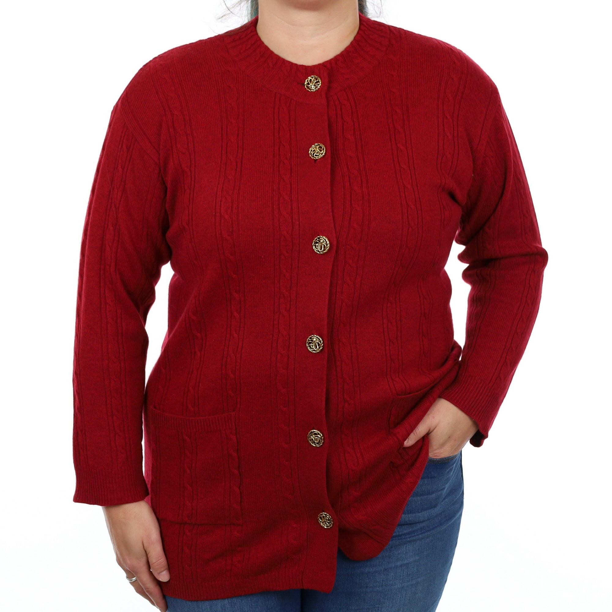 Crimson Red Cable Cashmere Crew Neck Cardigan with Pockets Large