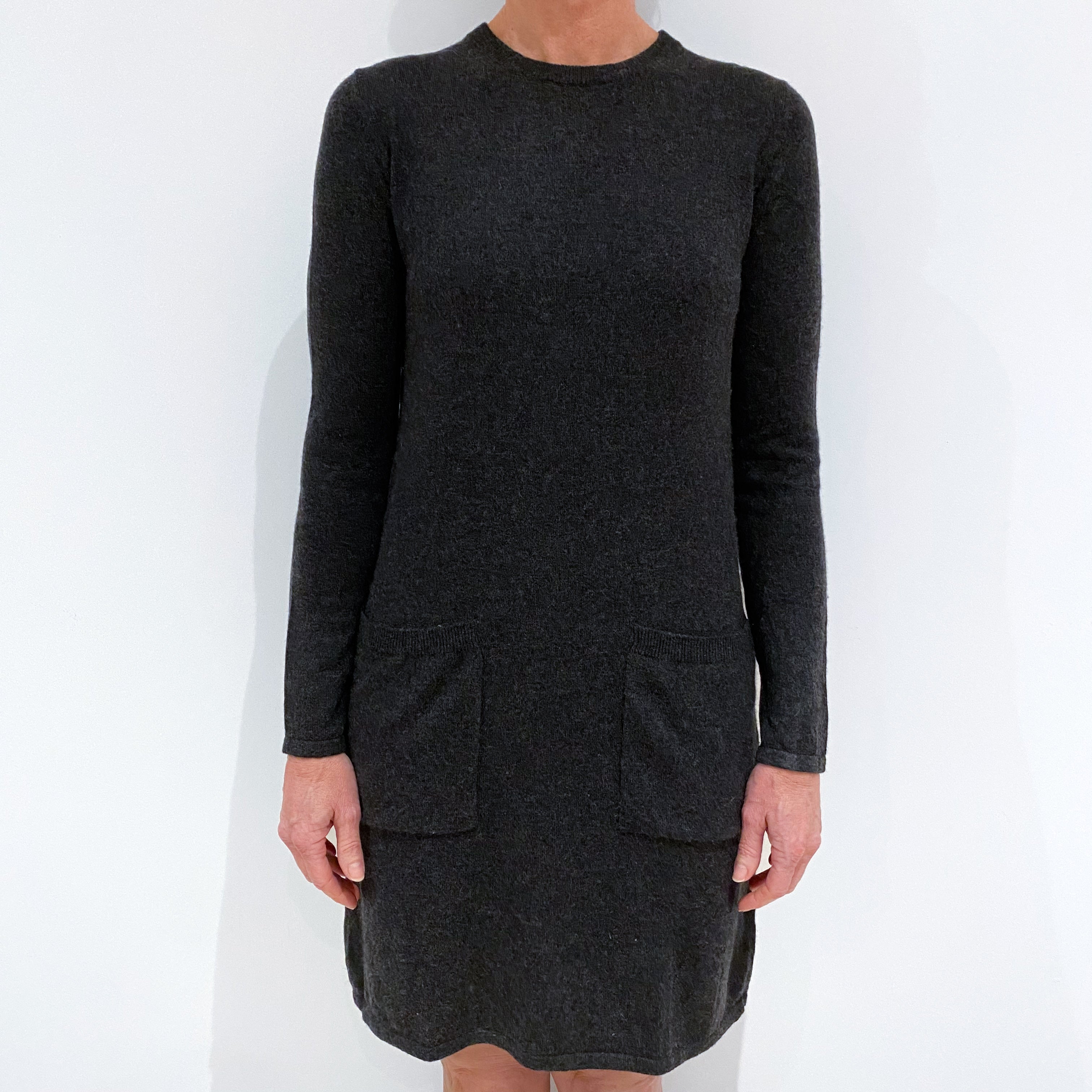 Charcoal Grey Cashmere Crew Neck Dress with Pockets Small