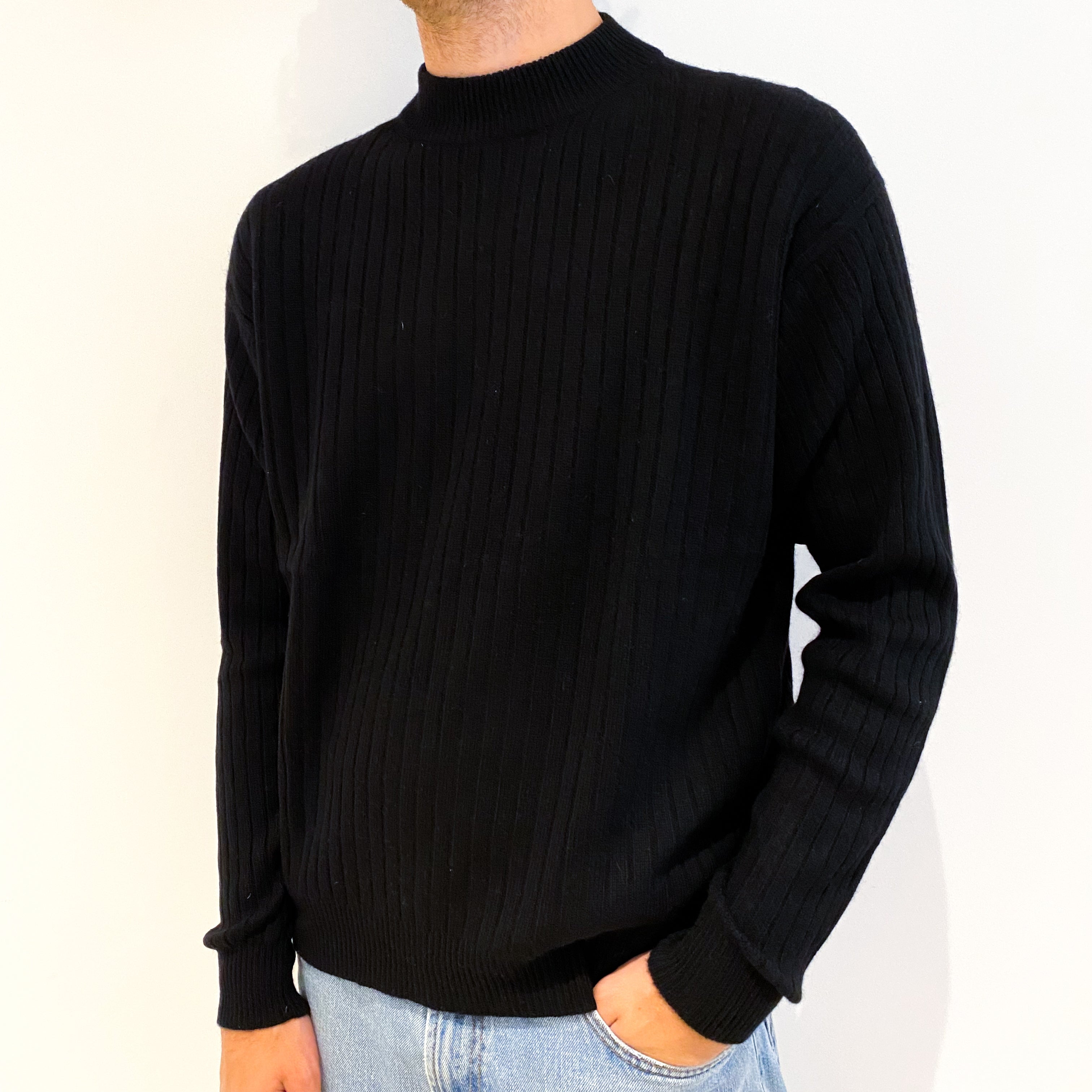 Men's Black Rib Knit Cashmere Crew Neck Jumper Large