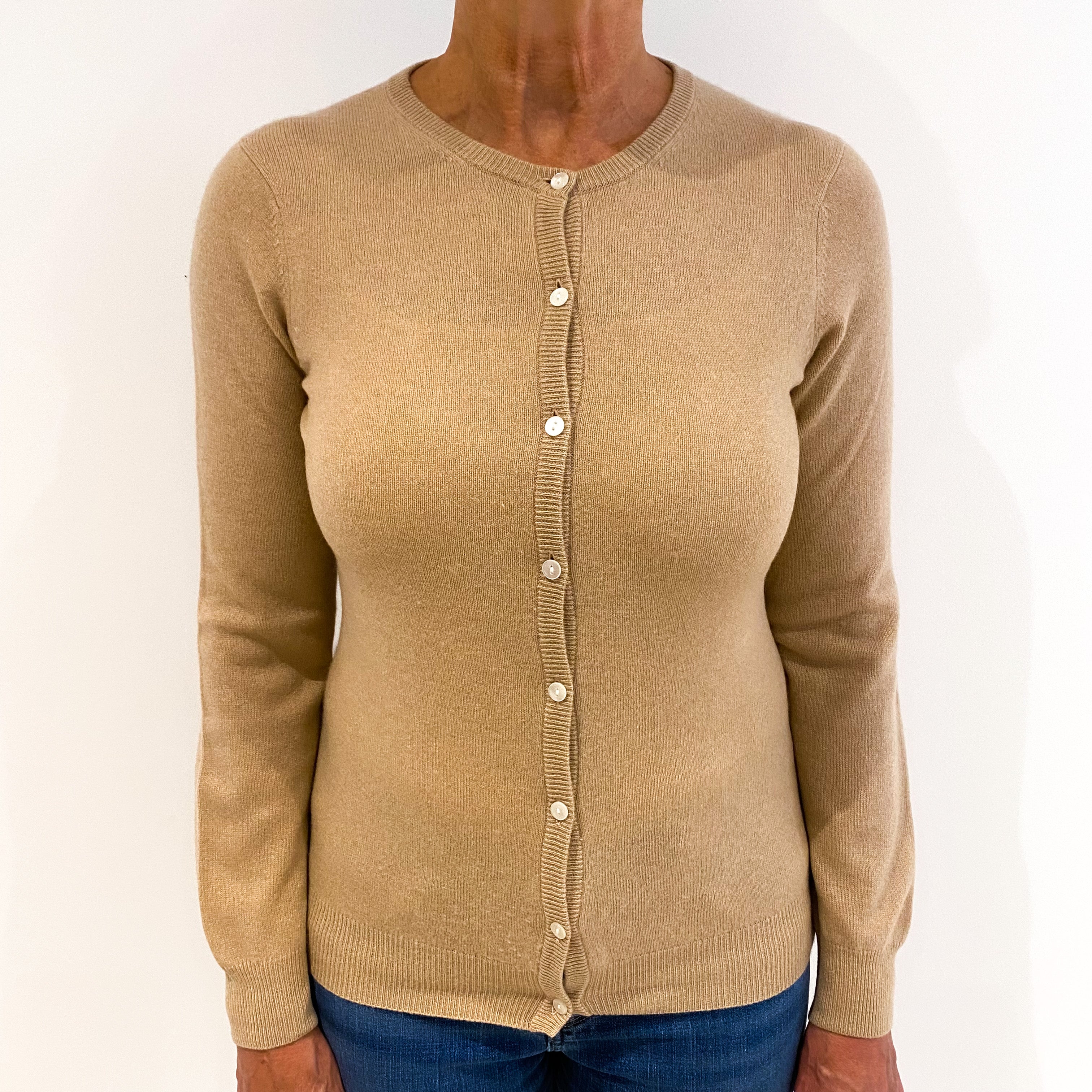 Caramel Brown Cashmere Crew Neck Cardigan Medium