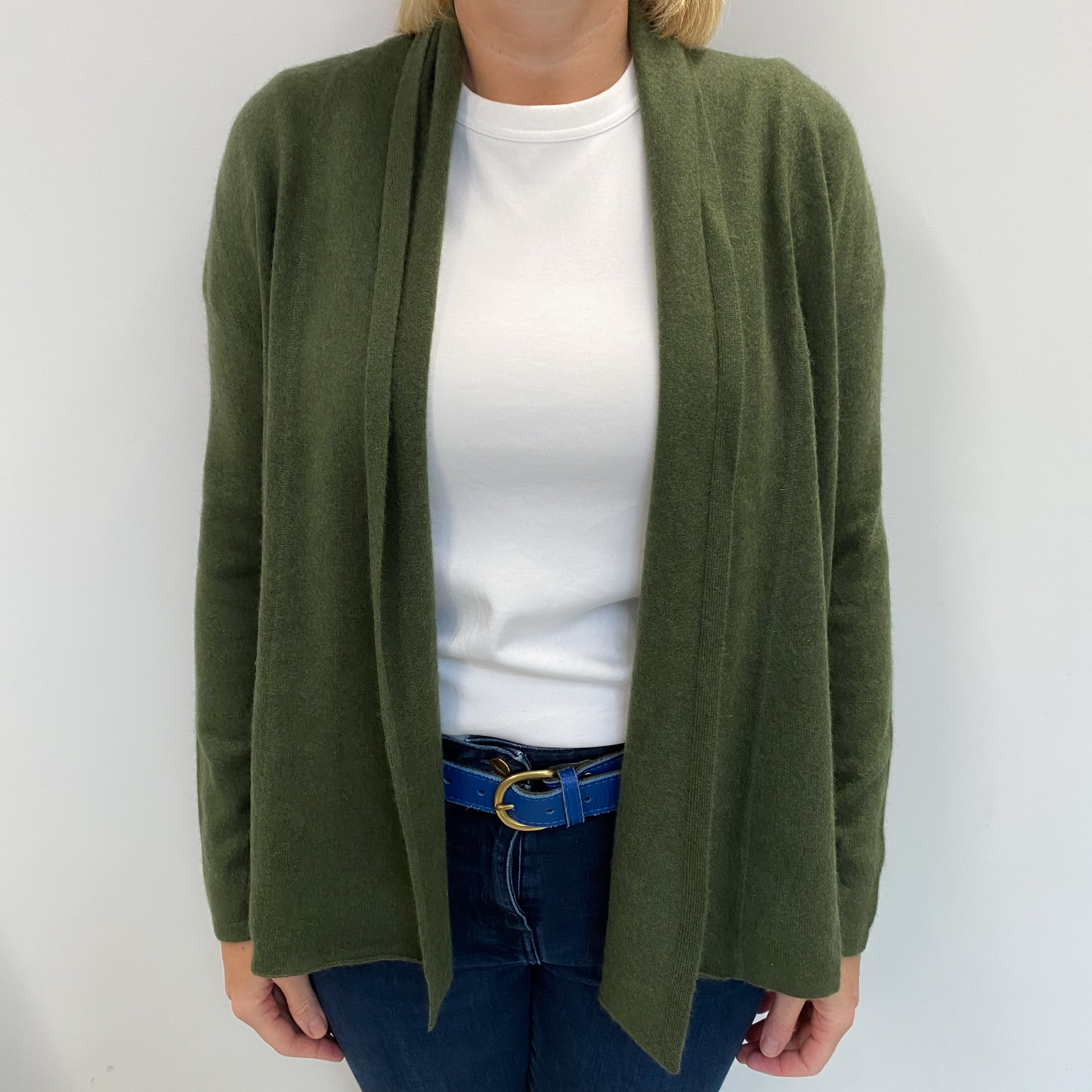 Neiman Marcus Moss Green Cashmere Edge To Edge Cardigan Large