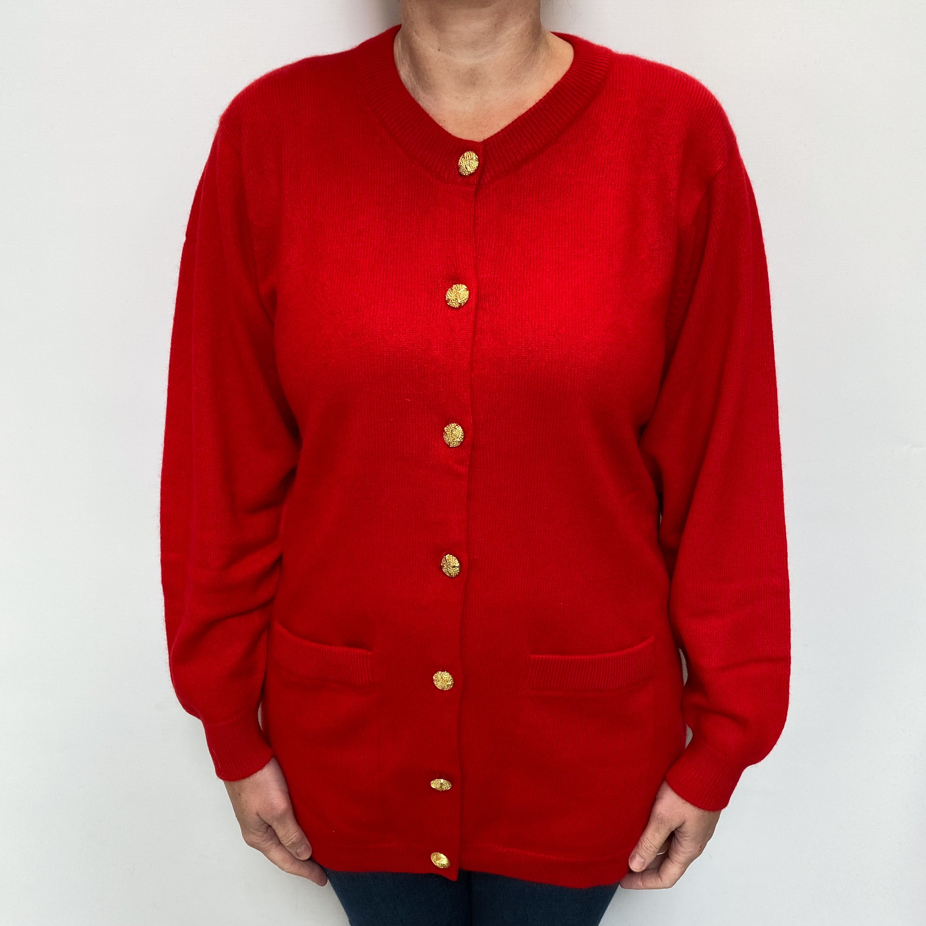 Scottish Scarlet Red Cashmere Crew Neck Cardigan with Pockets Large