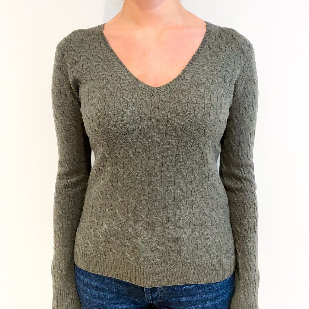Olive Green Cable Cashmere V Neck Jumper Small