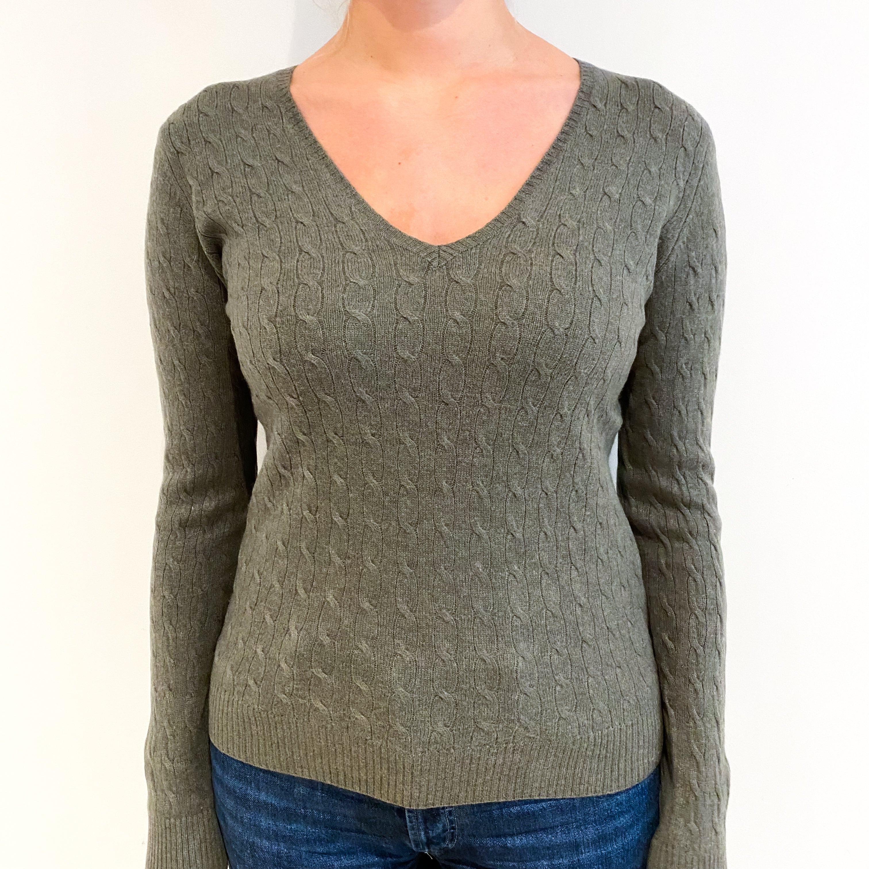 Olive Green Cable Cashmere V Neck Jumper Small