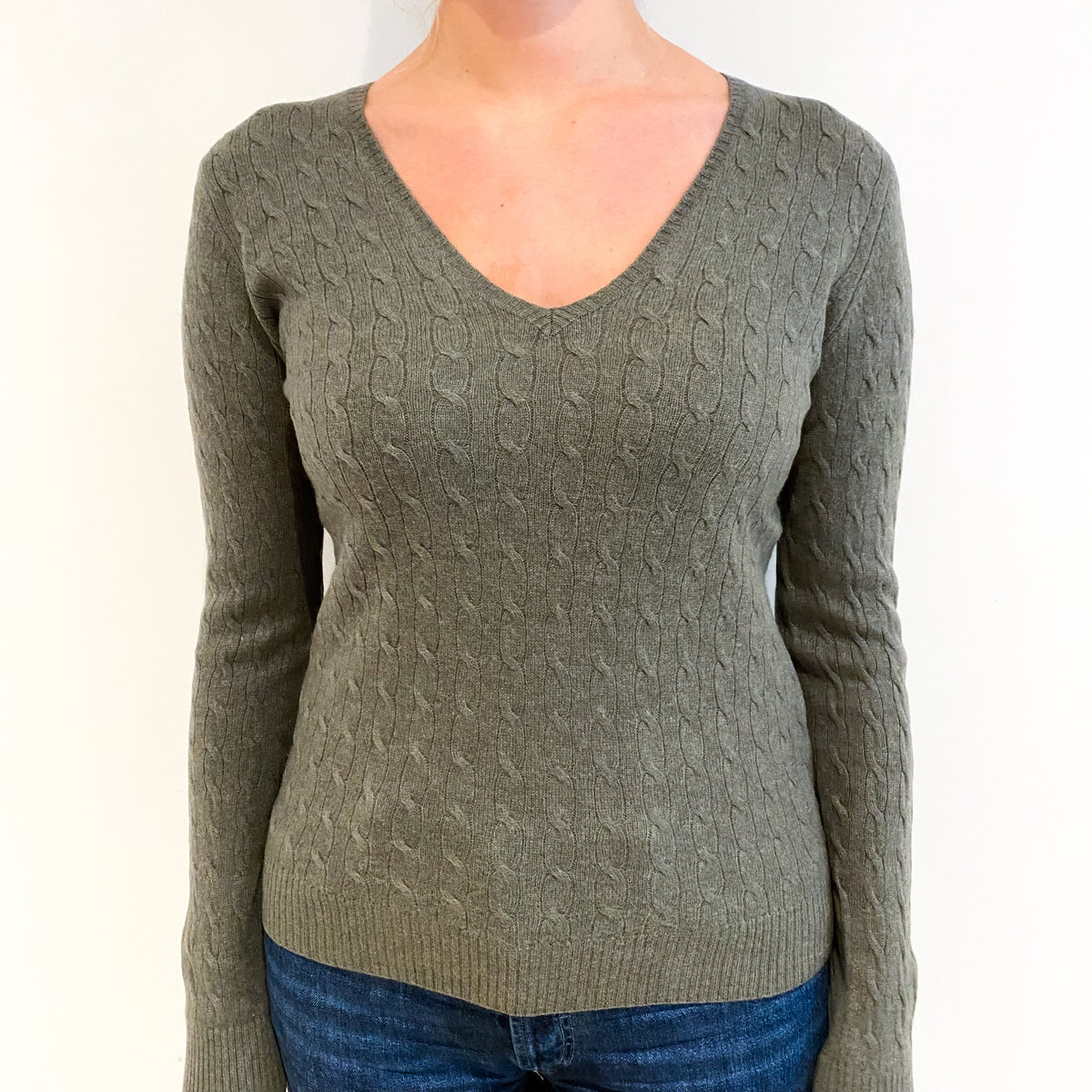 Olive Green Cable Cashmere V Neck Jumper Small