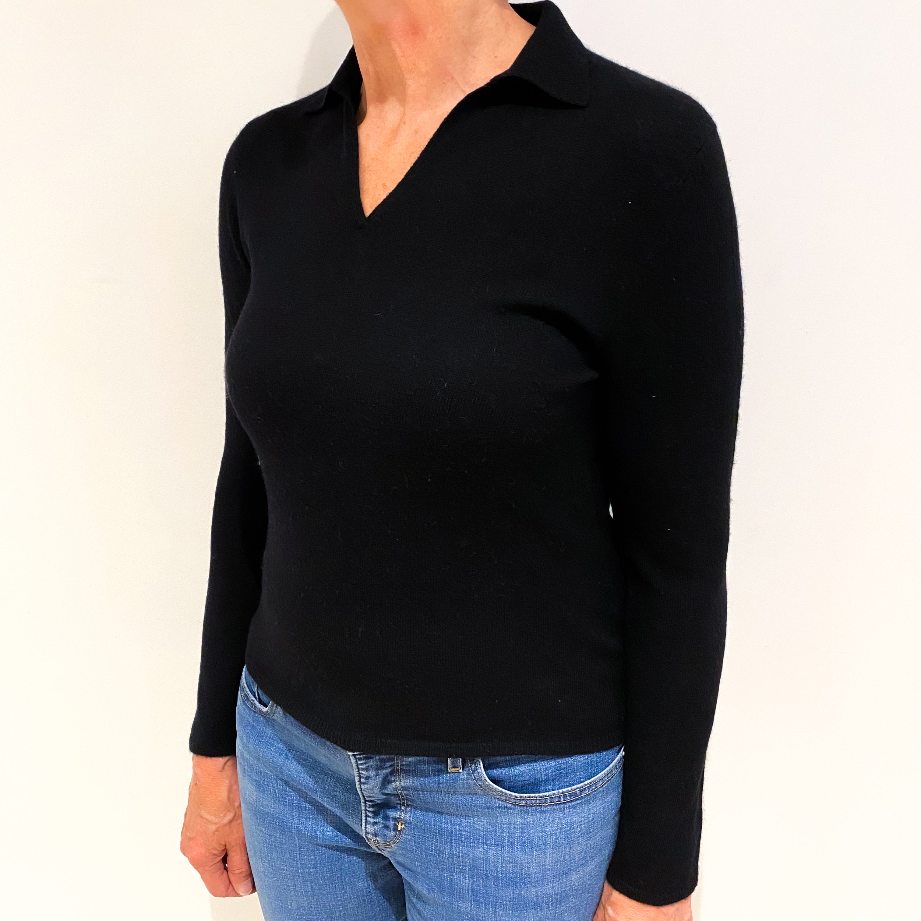 Black Cashmere Collared V Neck Jumper Medium
