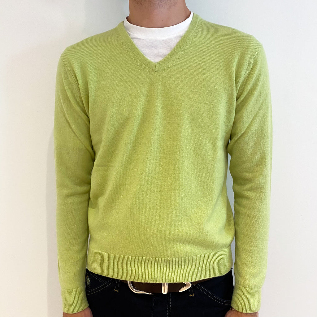 Men's Pistachio Green Cashmere V-Neck Jumper Medium