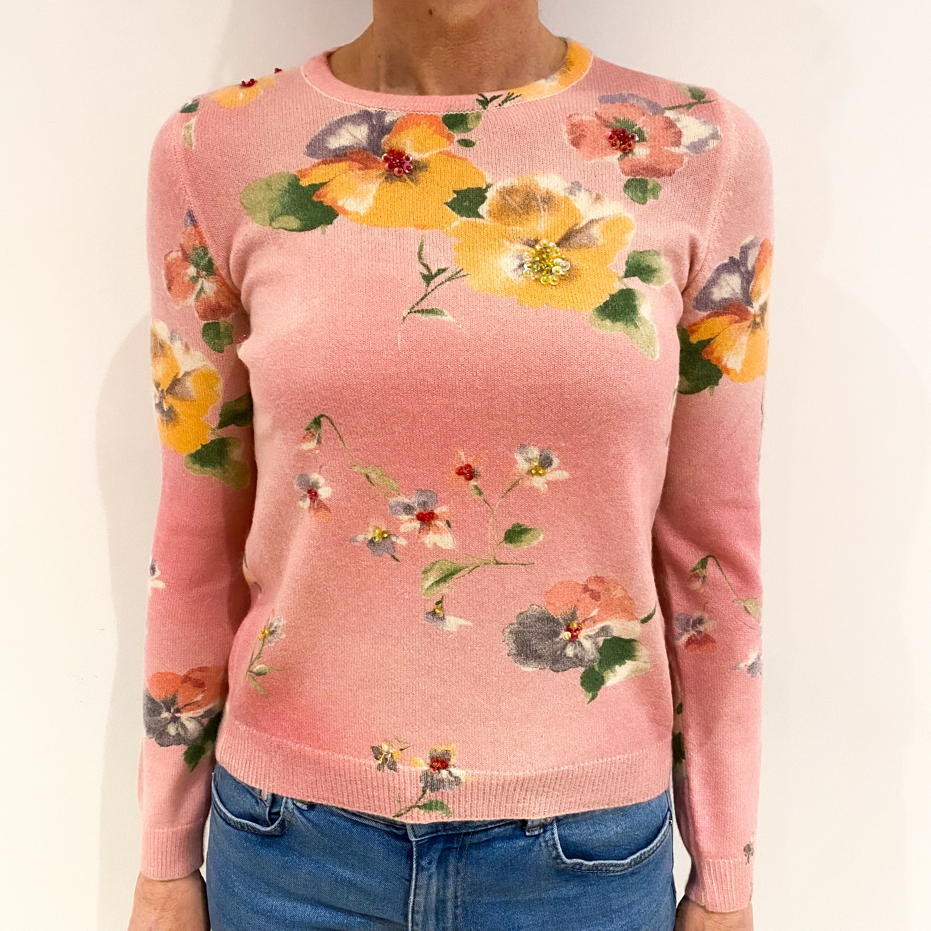 Blush Pink Floral Beaded Cashmere Crew Neck Jumper Small