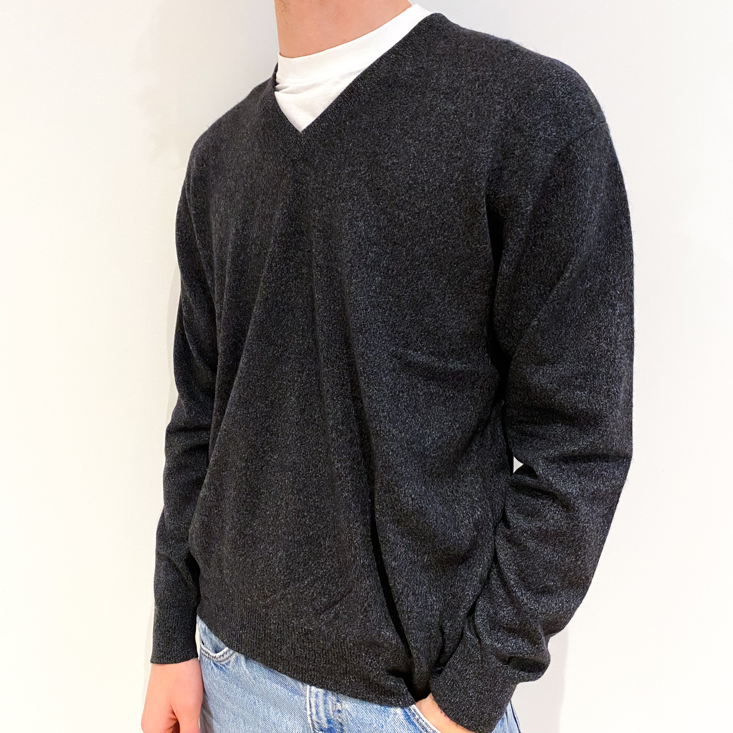 Men's Slate Grey Marl Cashmere V-Neck Jumper Medium