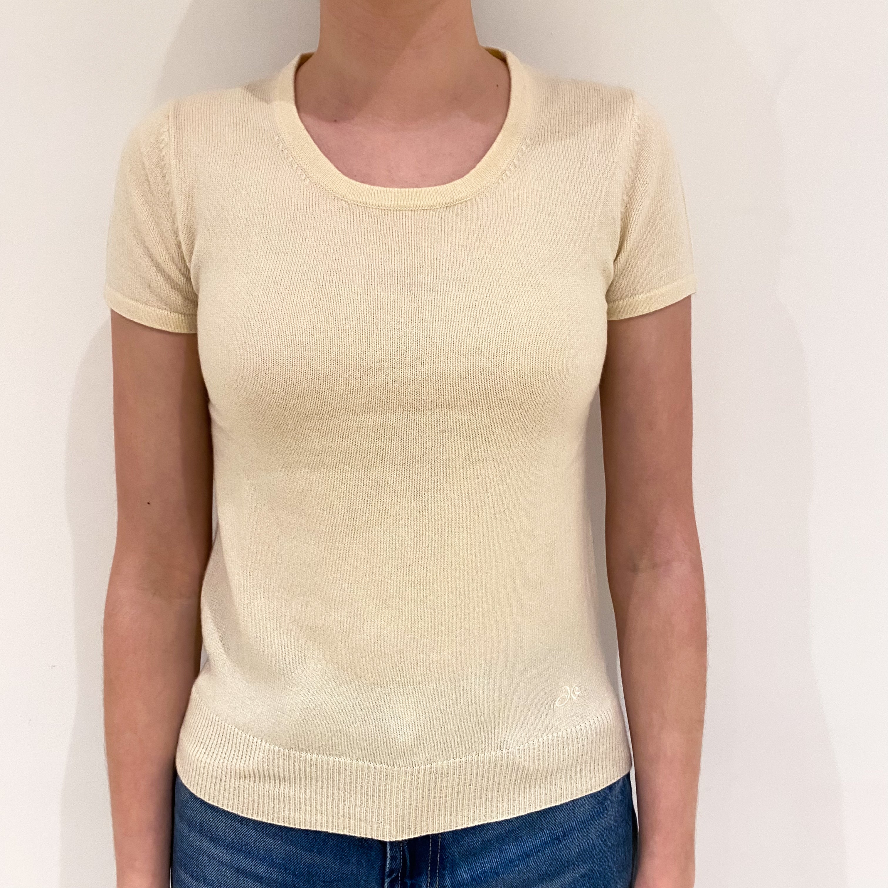 Ivory Cream Cashmere Short Sleeved Crew Neck Jumper Extra Small