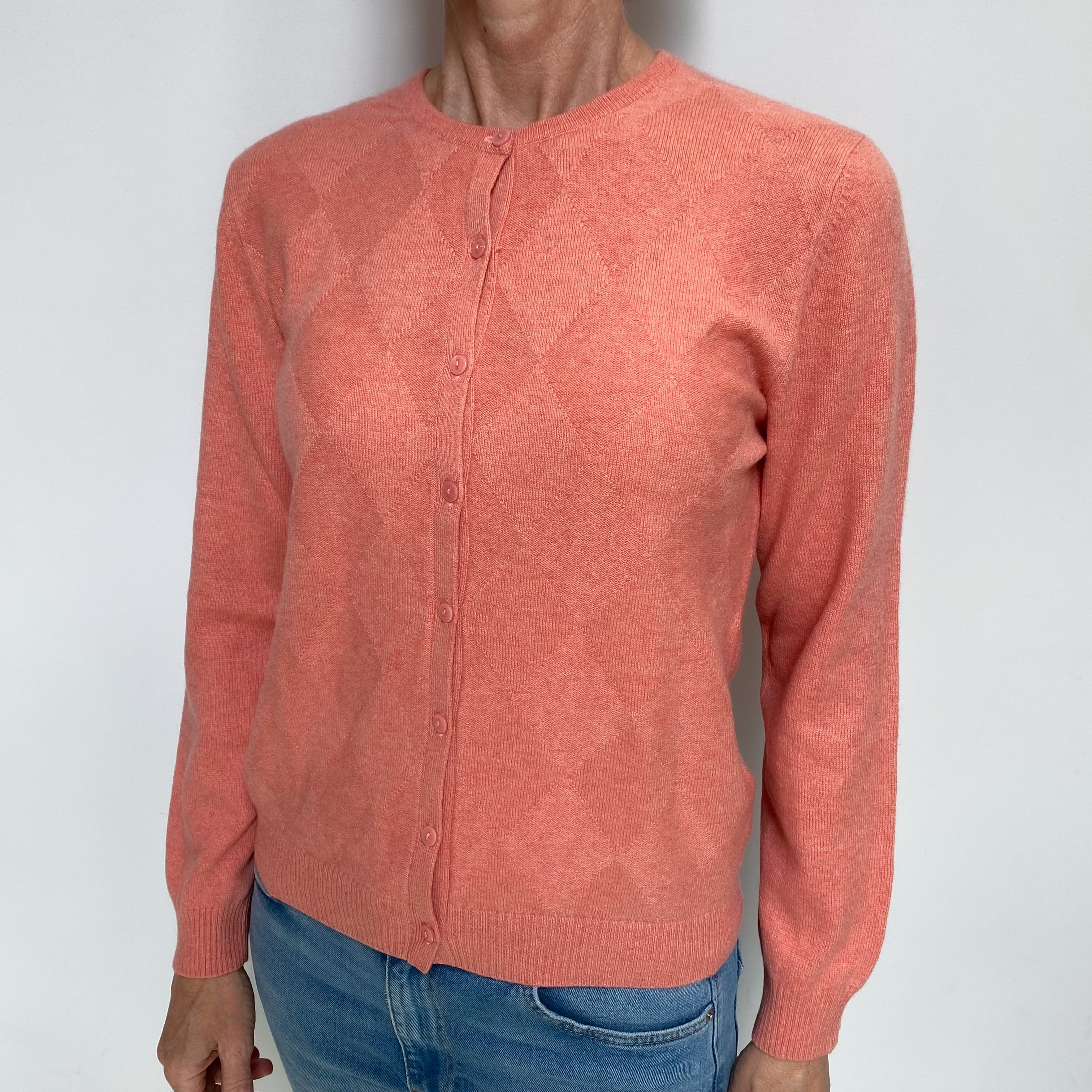Flamingo Pink Textured Cashmere Crew Neck Cardigan Small