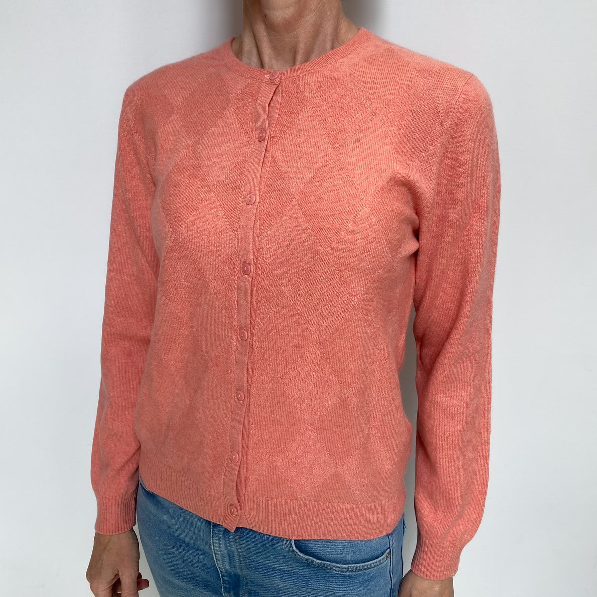 Flamingo Pink Textured Cashmere Crew Neck Cardigan Small