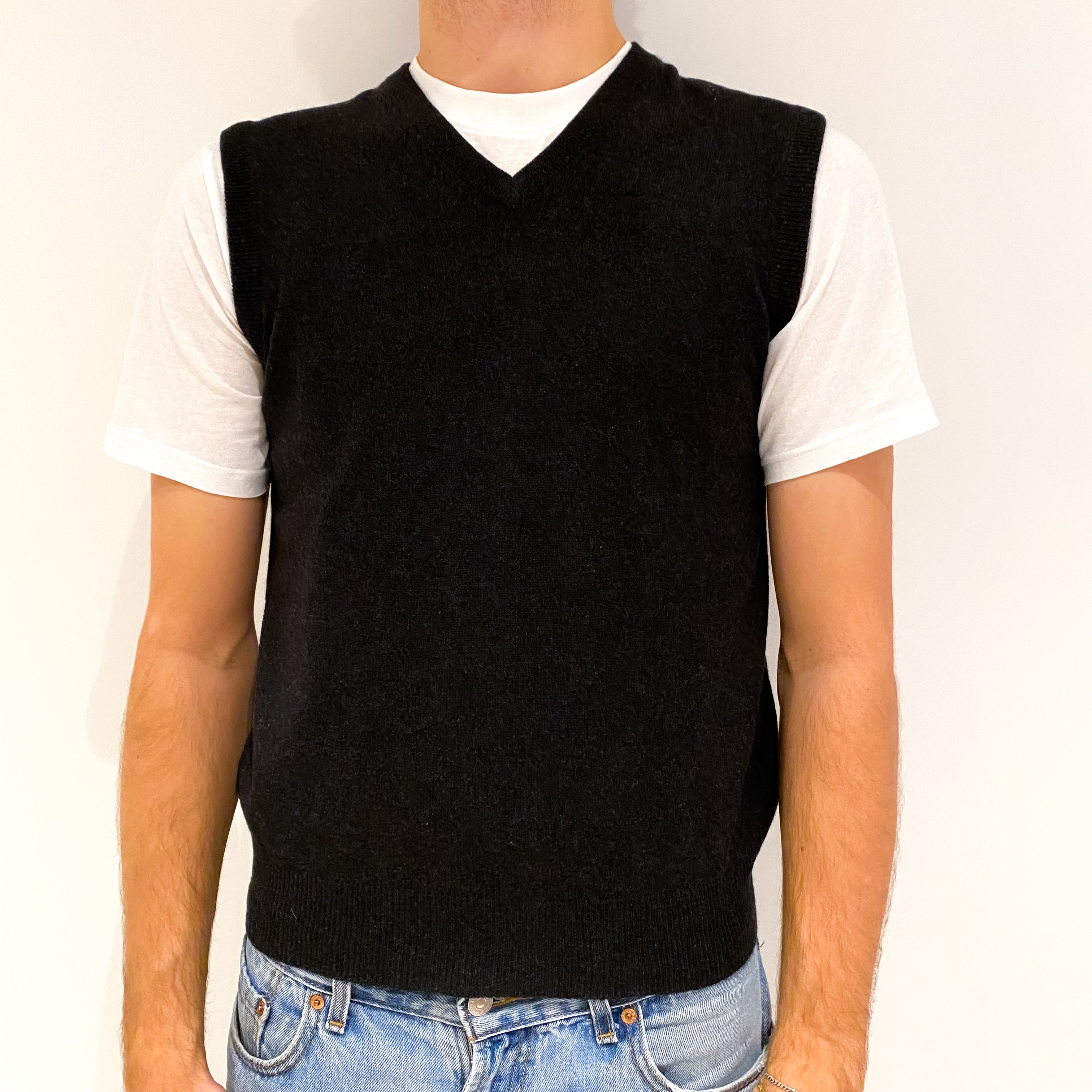 Men's Charcoal Grey Cashmere V-Neck Tank Top Jumper Medium