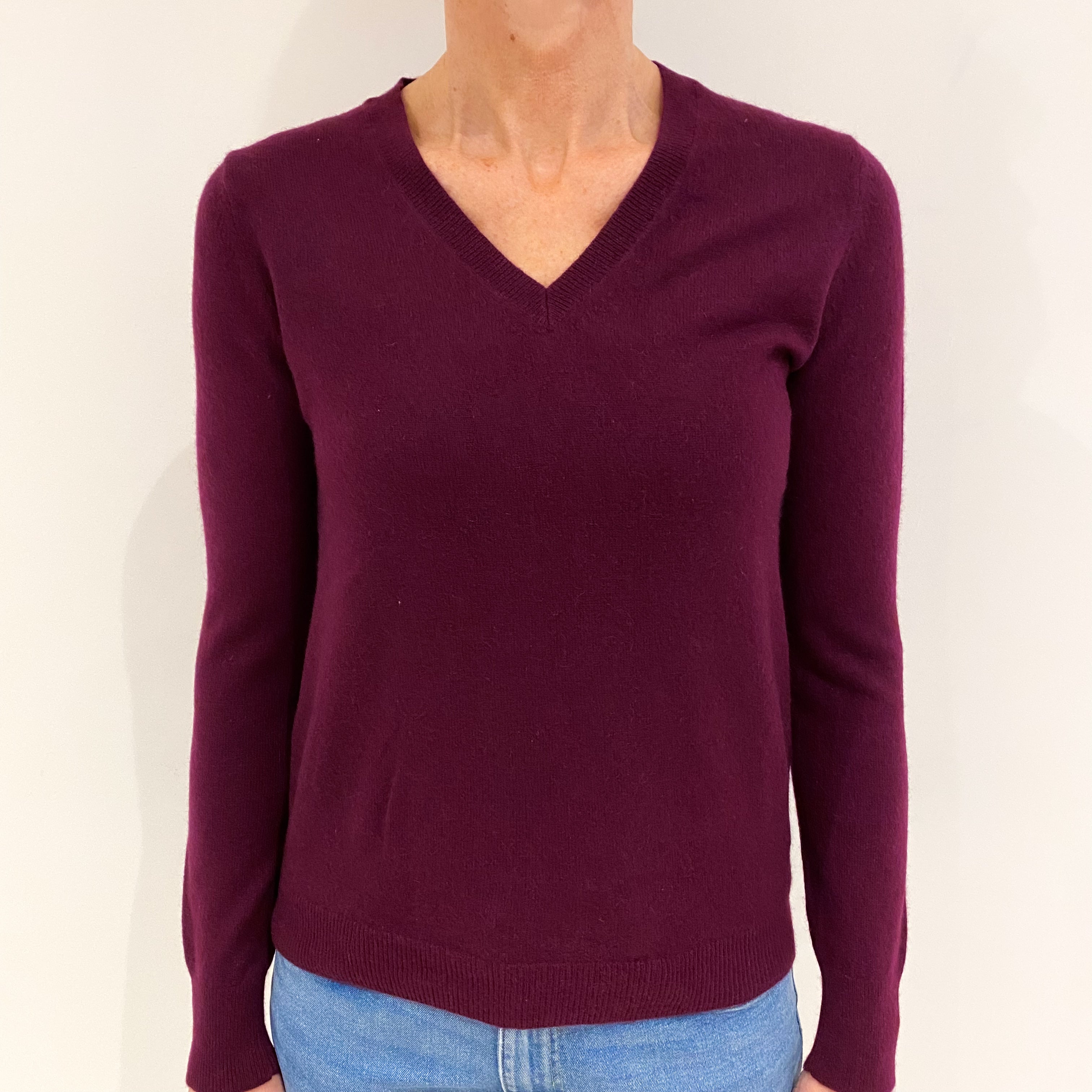 Plum Purple Cashmere V Neck Jumper Small