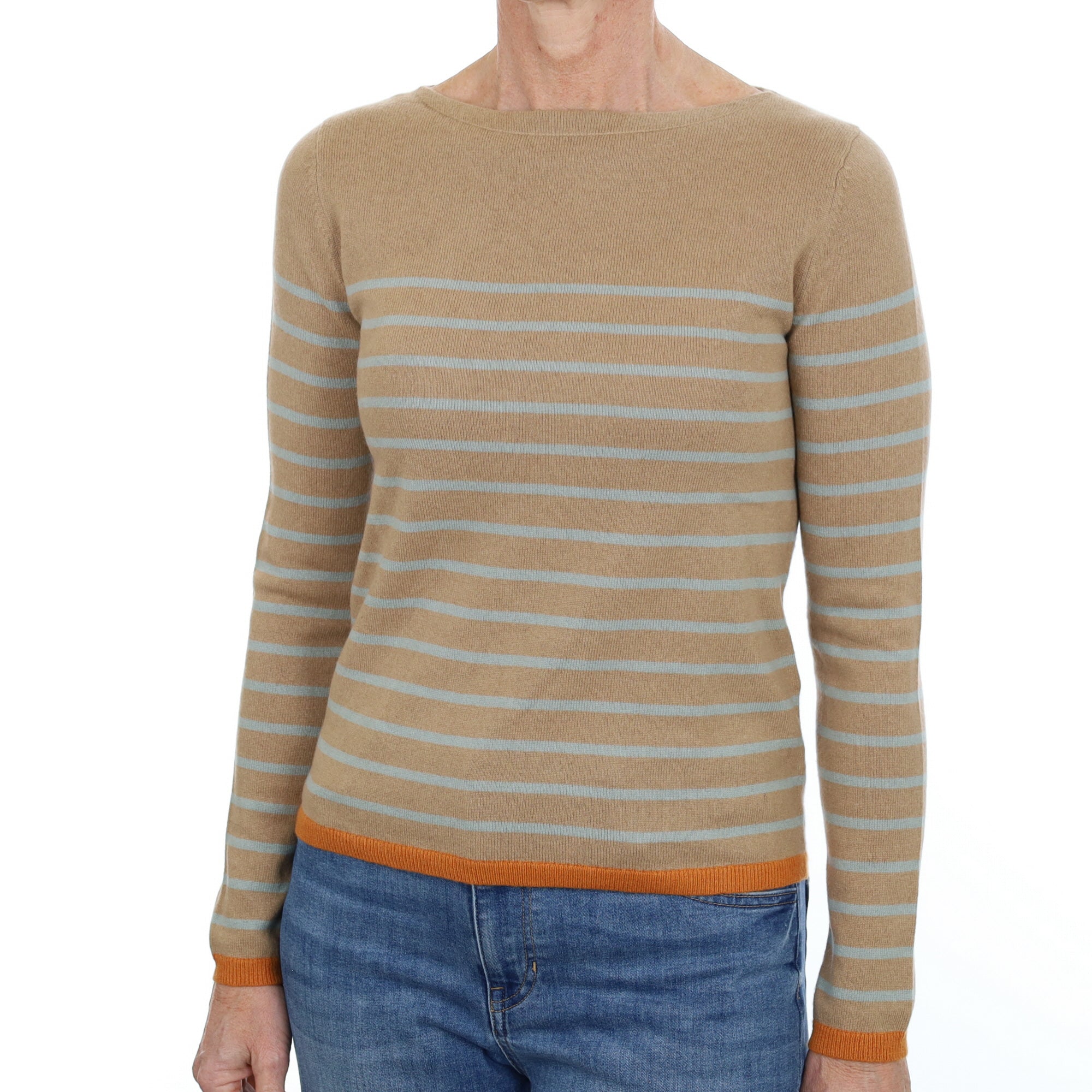 Caramel and Blue Striped Cashmere Crew Neck Jumper Small