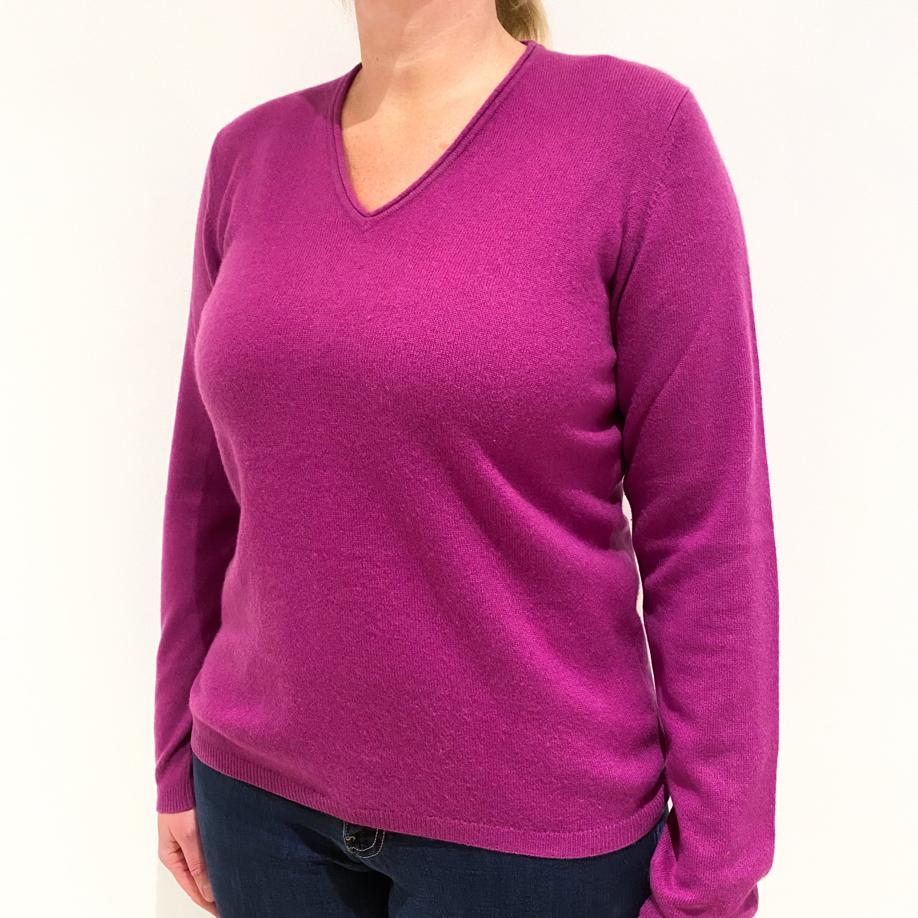 Magenta Pink Cashmere V-Neck Jumper Large