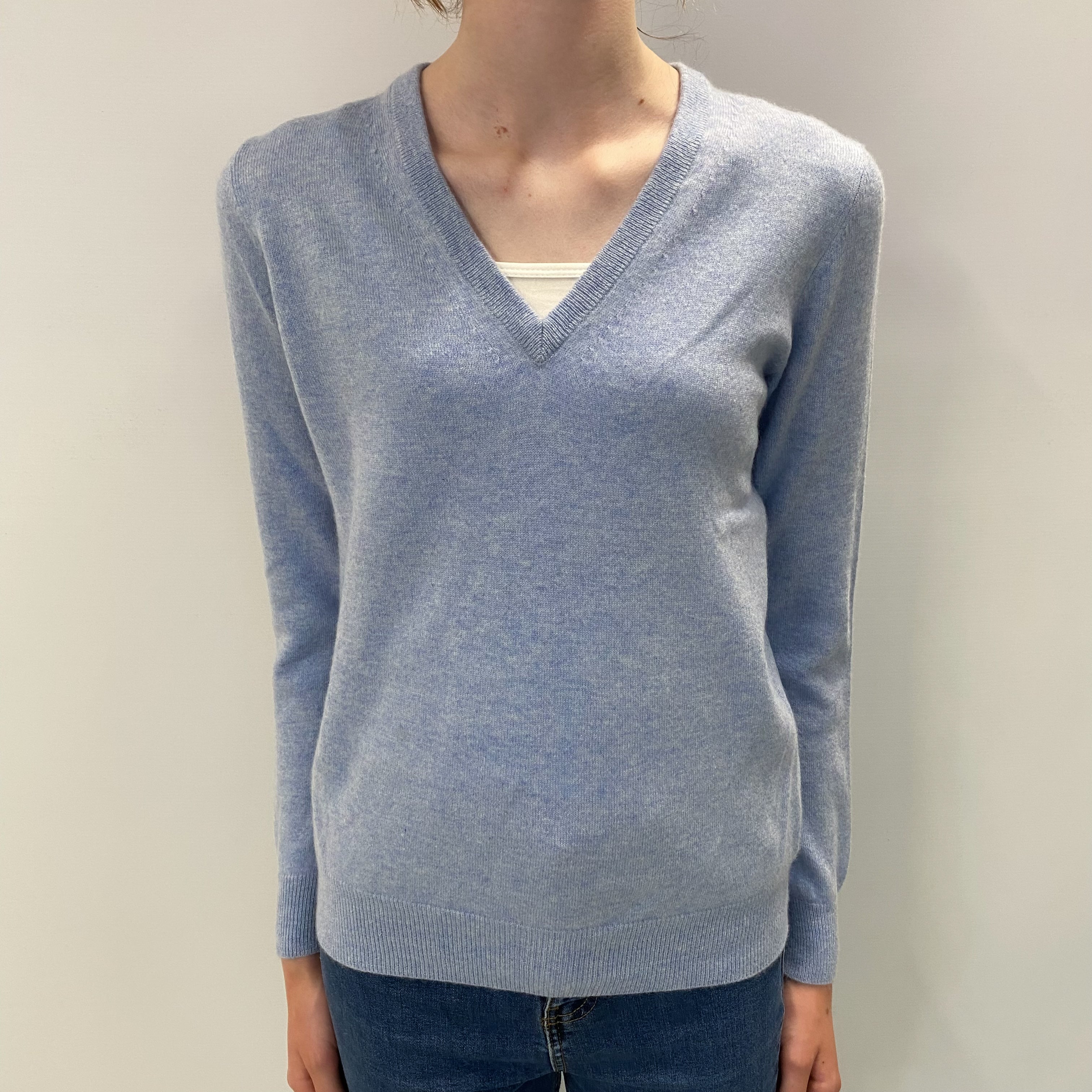 N.Peal Sky Blue Marl Cashmere V Neck Jumper Extra Small