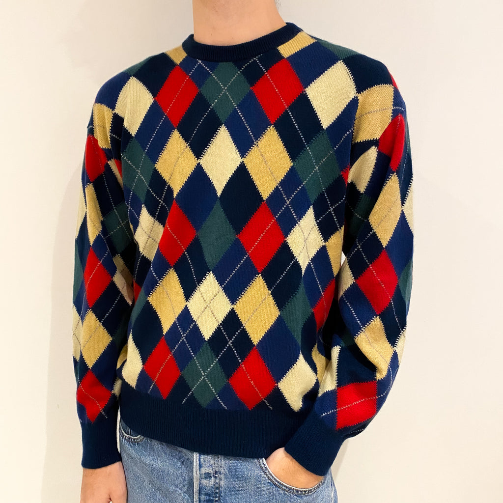 Men's Colourful Harlequin Cashmere Crew Neck Jumper Large