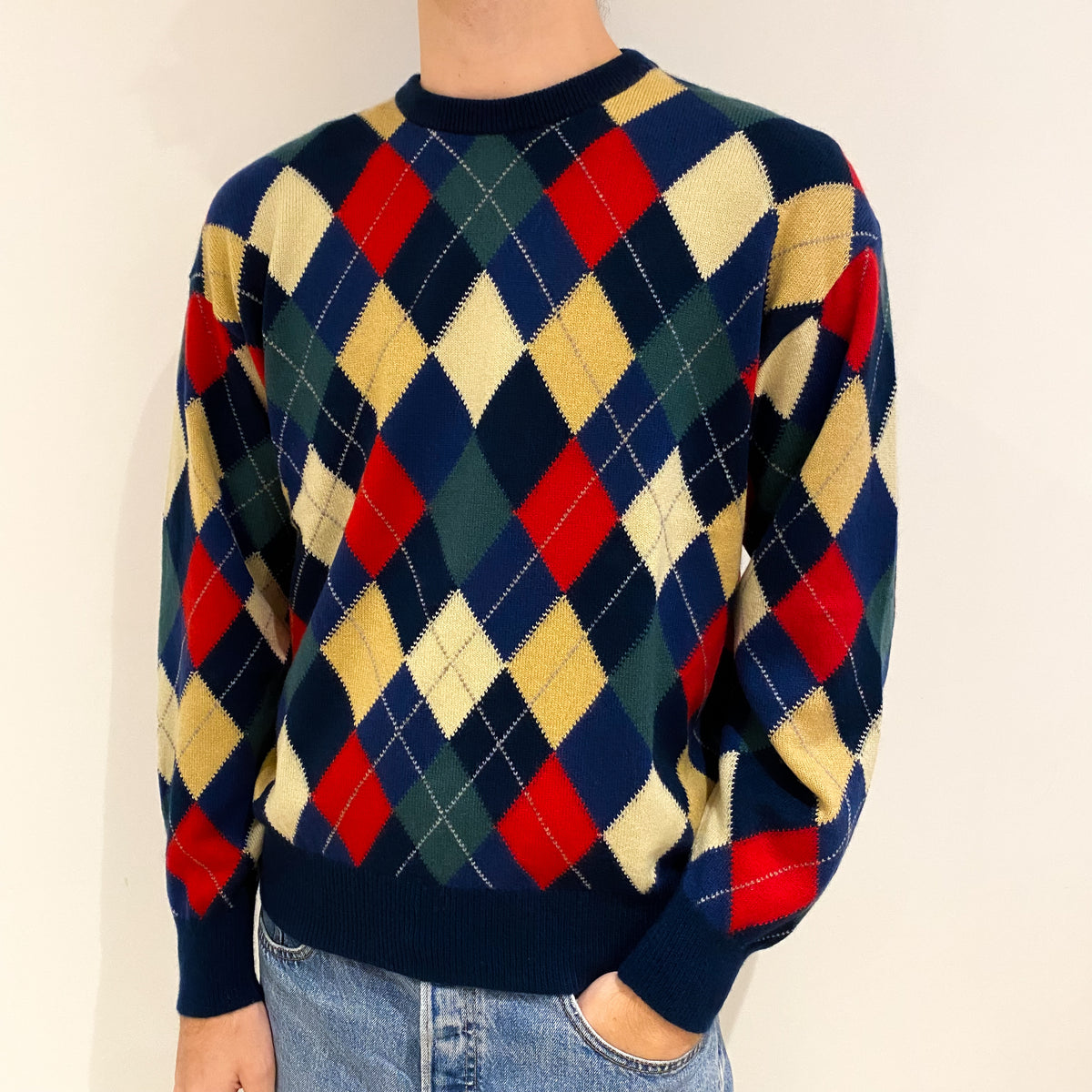 Men's Colourful Harlequin Cashmere Crew Neck Jumper Large