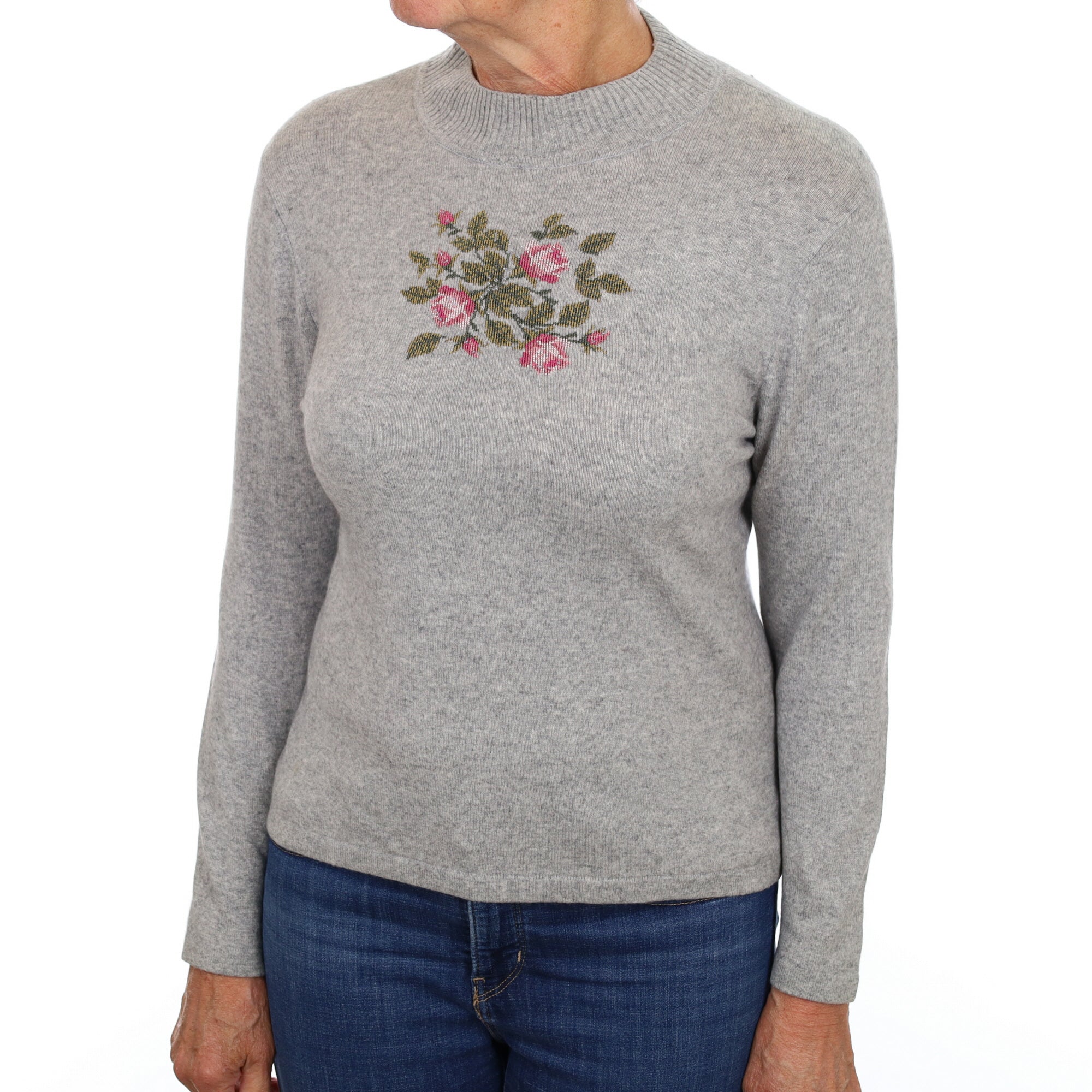 Grey Rose Motif Cashmere Turtle Neck Jumper Medium