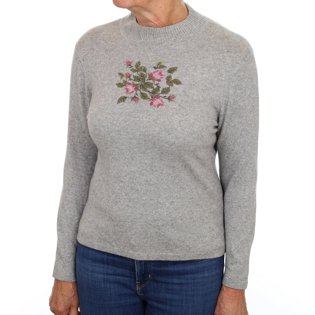 Grey Rose Motif Cashmere Turtle Neck Jumper Medium