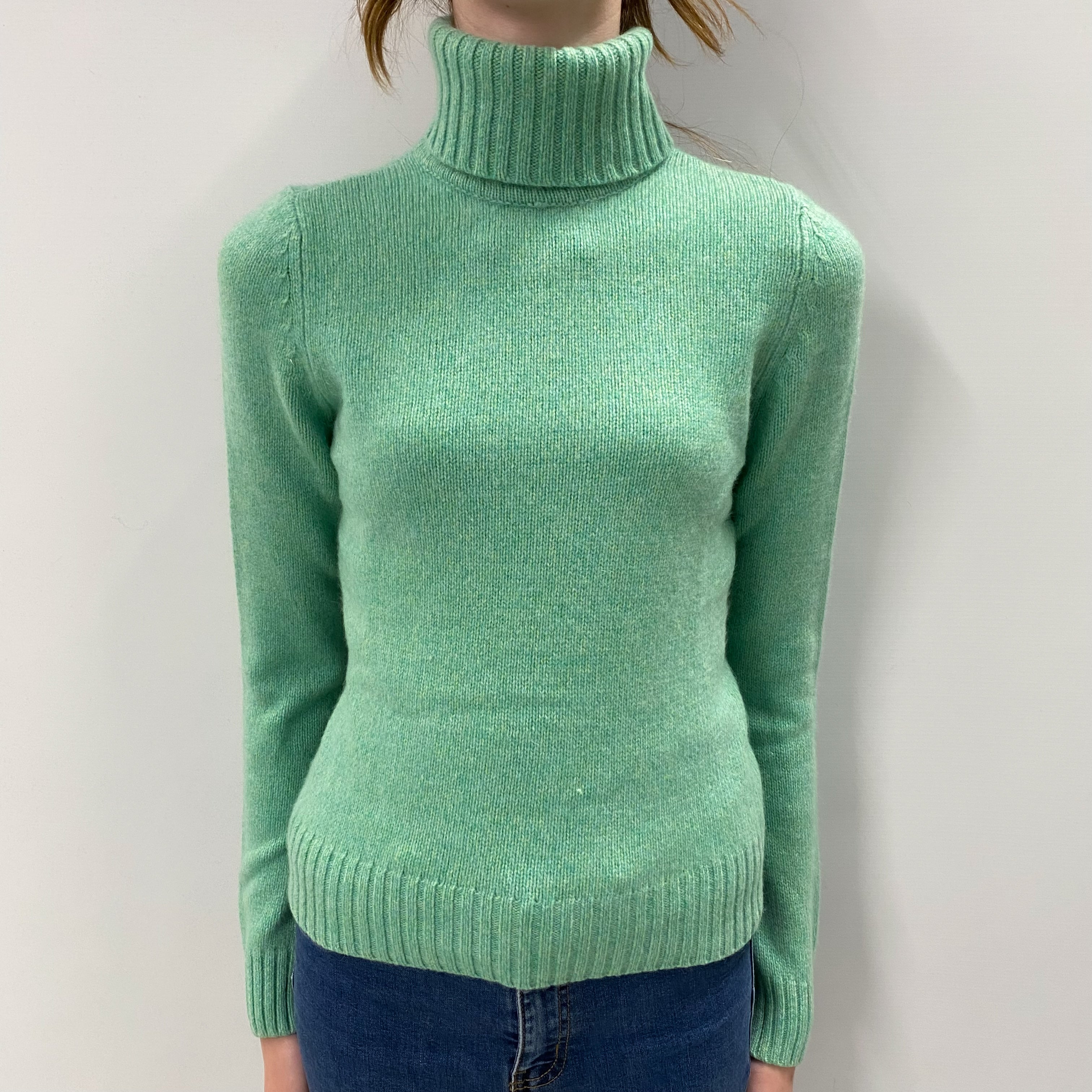 Deep Mint Green Cashmere Polo Neck Jumper Extra Small