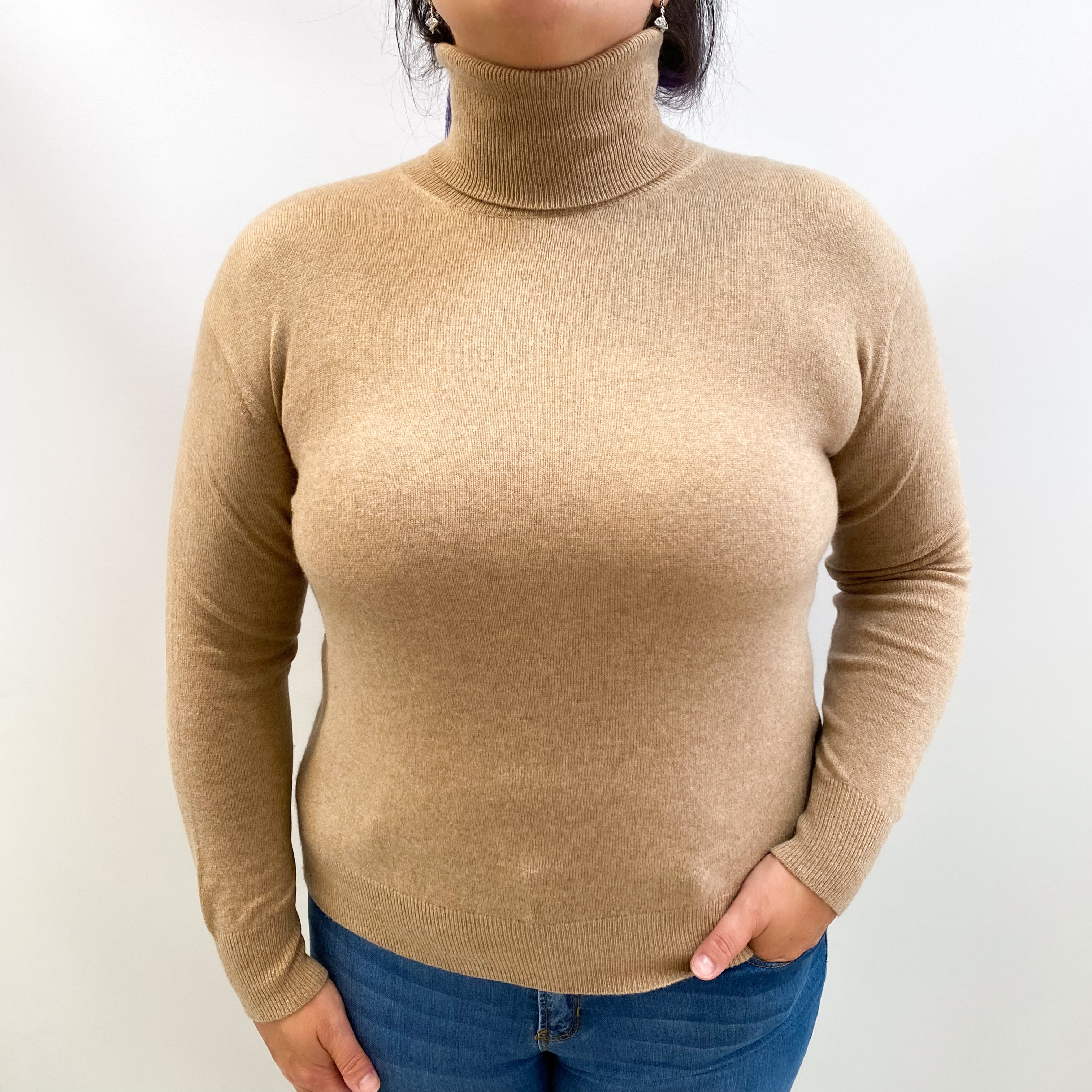 Taupe Brown Cashmere Polo Neck Jumper Large