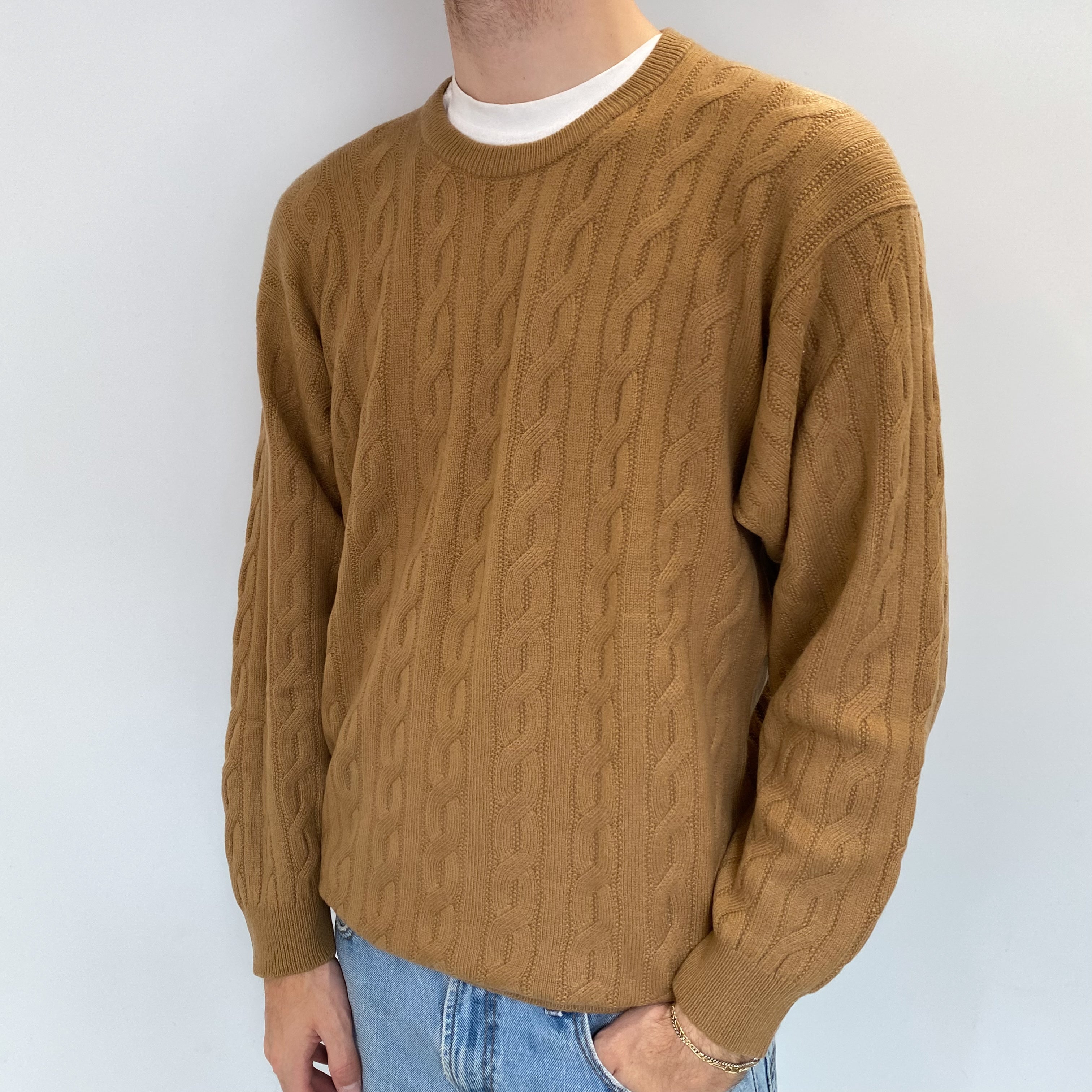 Men's Butterscotch Brown Cable Cashmere Crew Neck Jumper Large