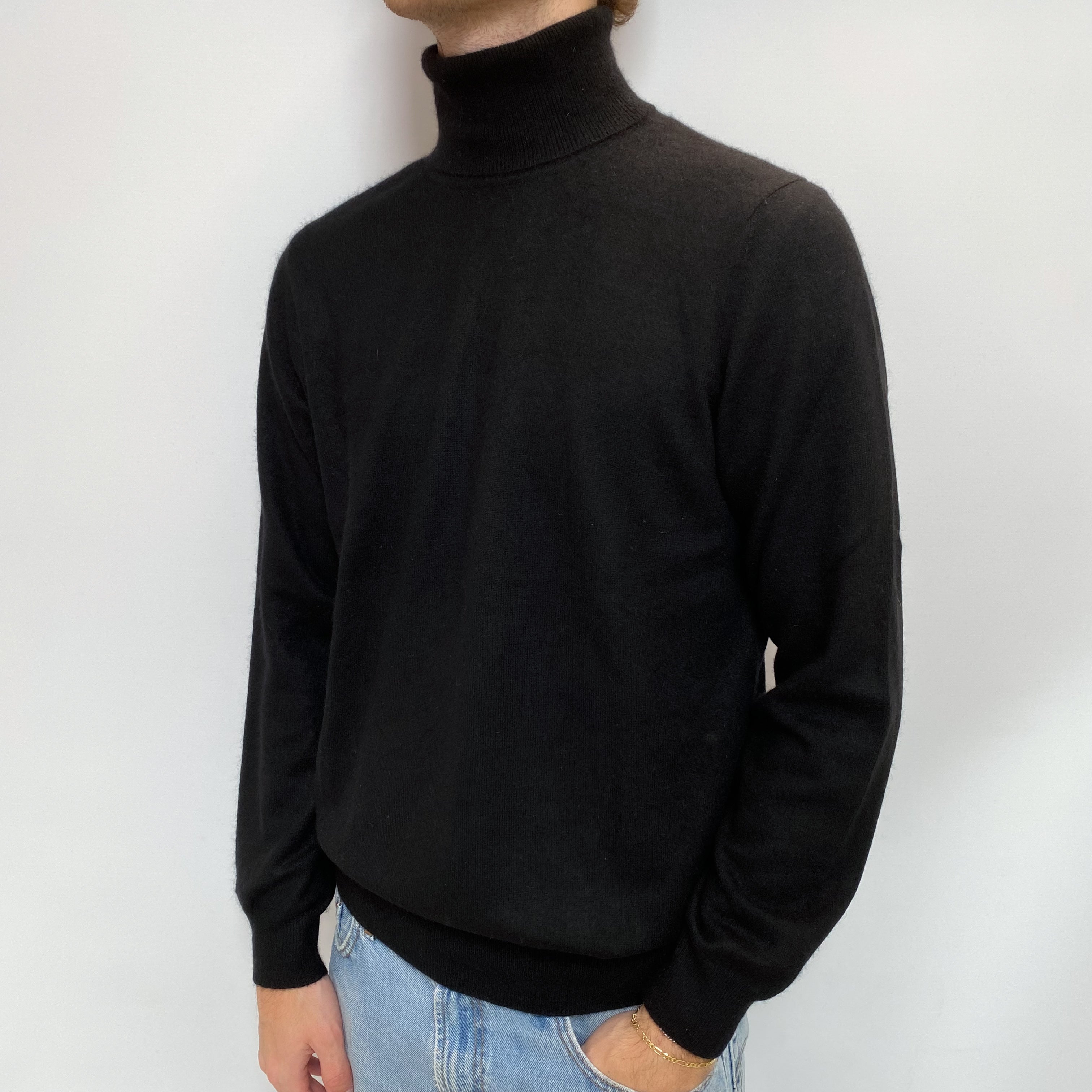 Men's Black Cashmere Polo Neck Jumper Large