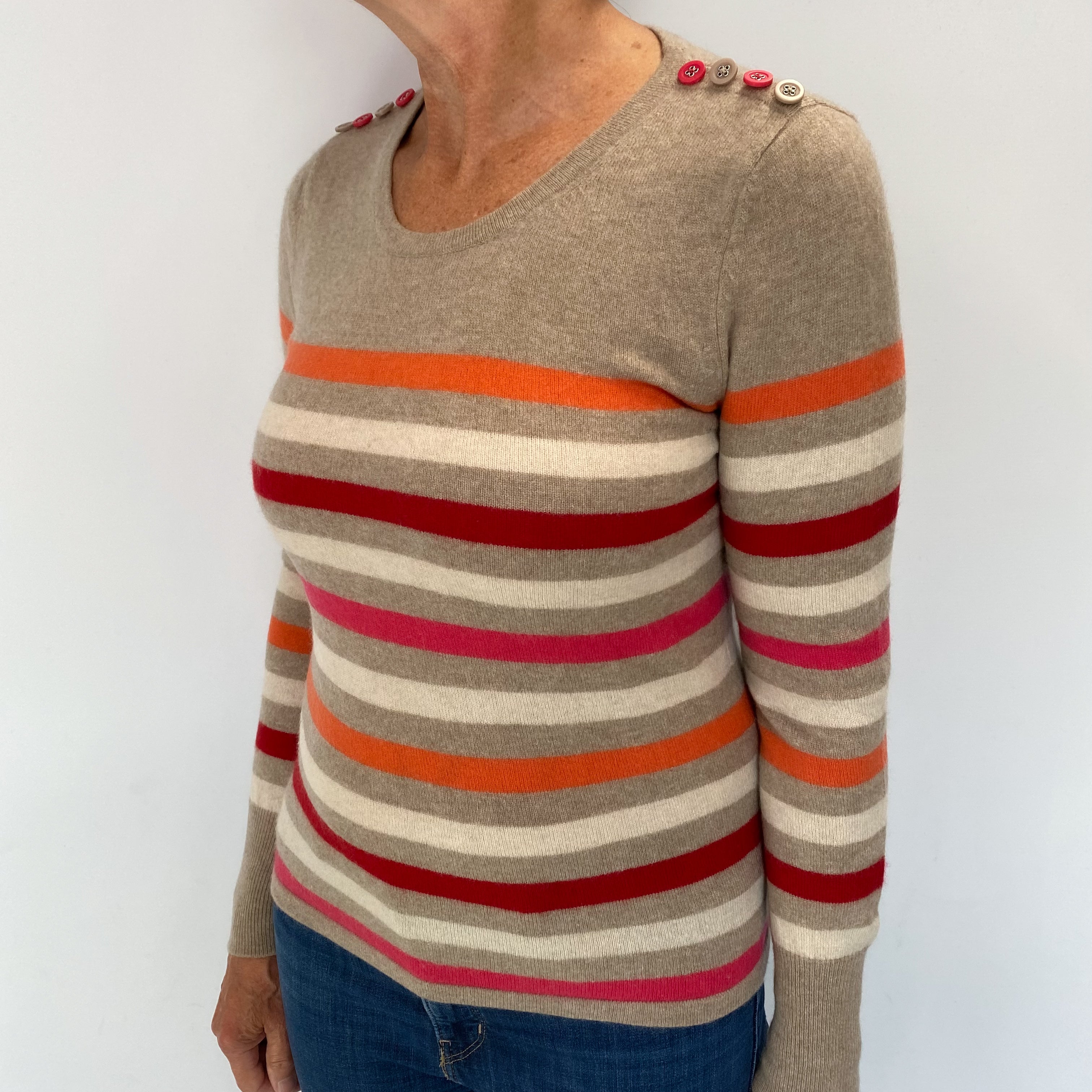 Mocha Brown Striped Cashmere Crew Neck Jumper Medium