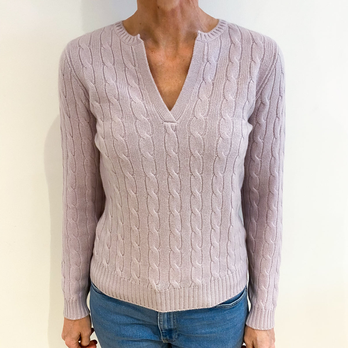 Palest Purple Cashmere Notched V Neck Jumper Small