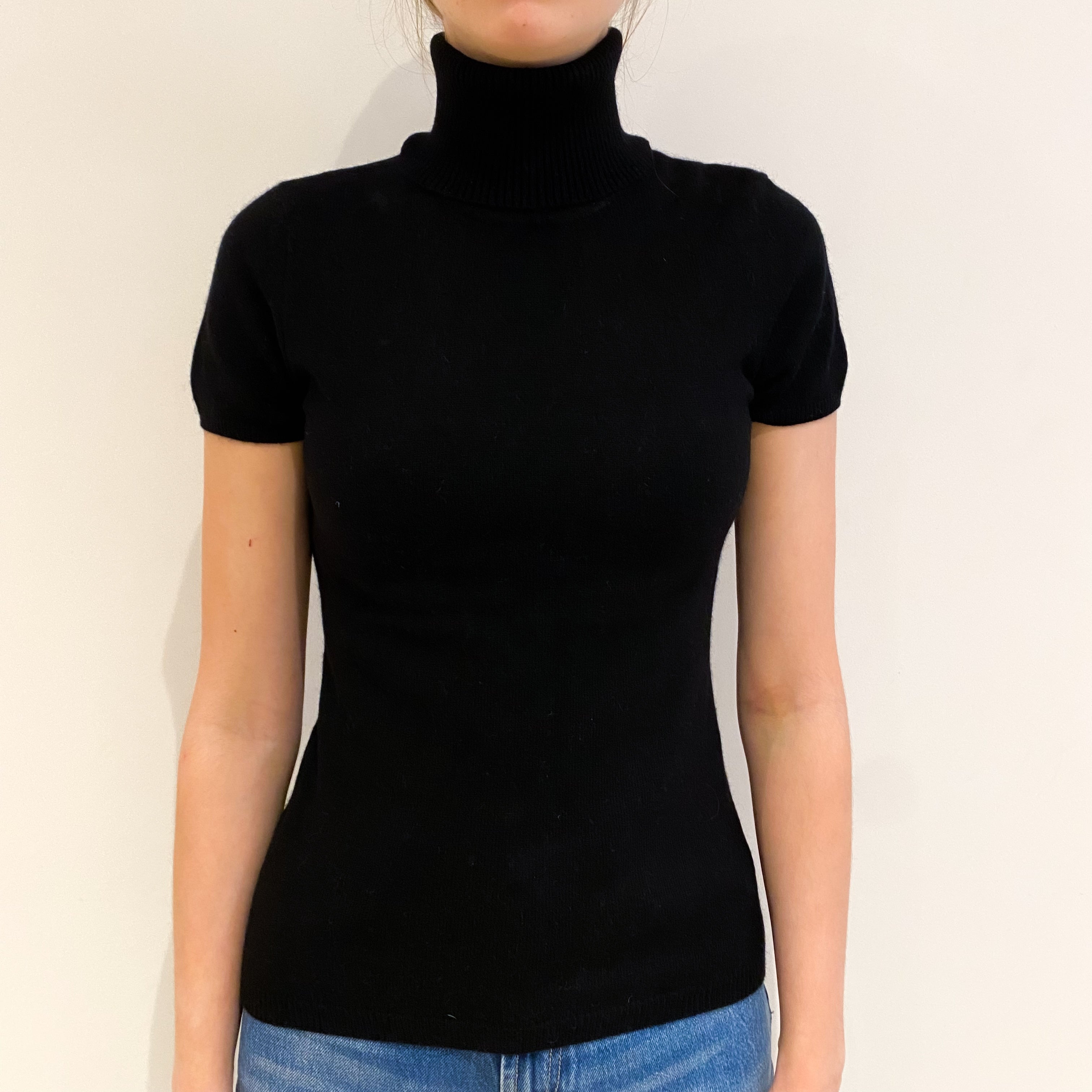 Black Cashmere Short Sleeved Polo Neck Jumper Extra Small