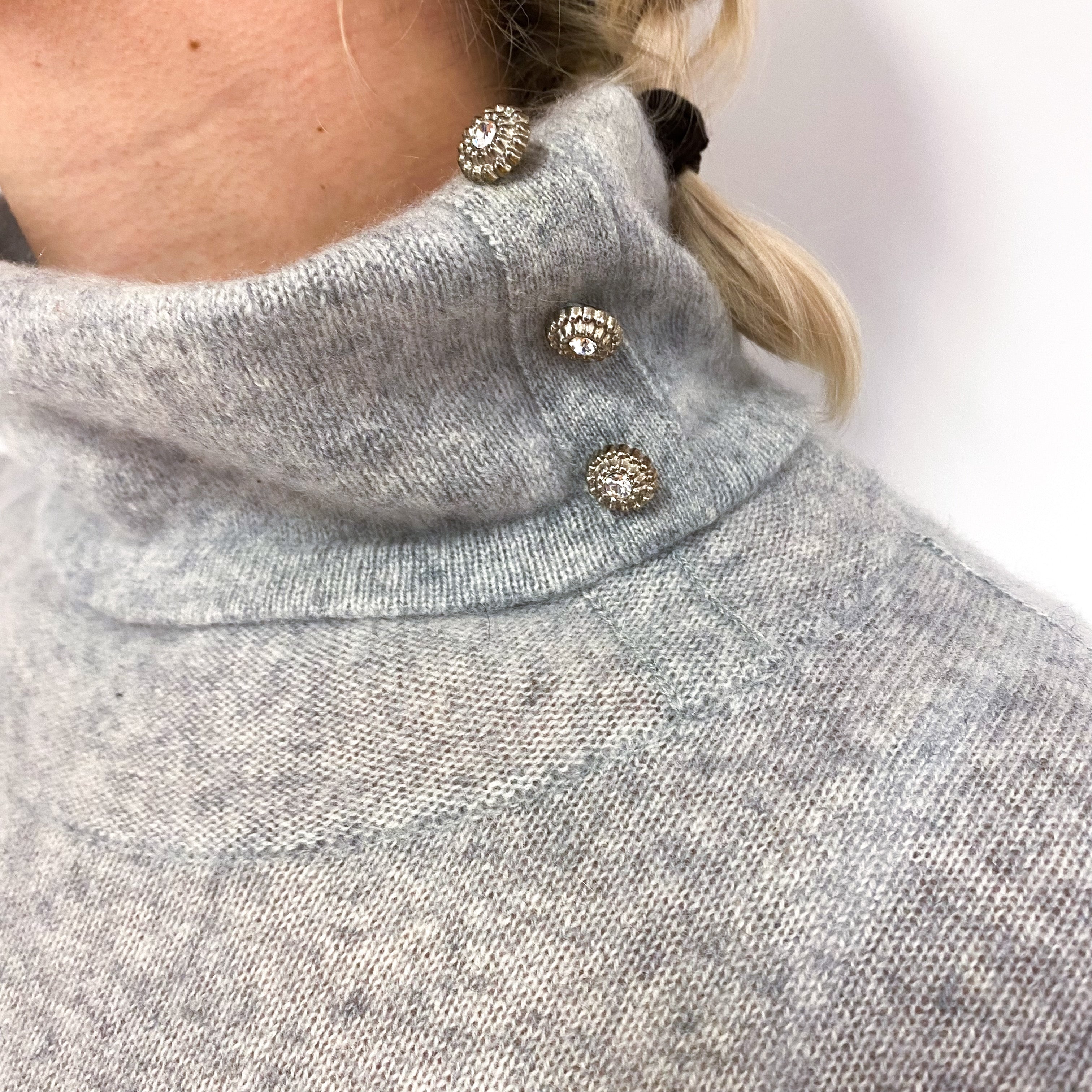 Smoke Grey Cashmere Diamanté Button Polo Neck Jumper Small