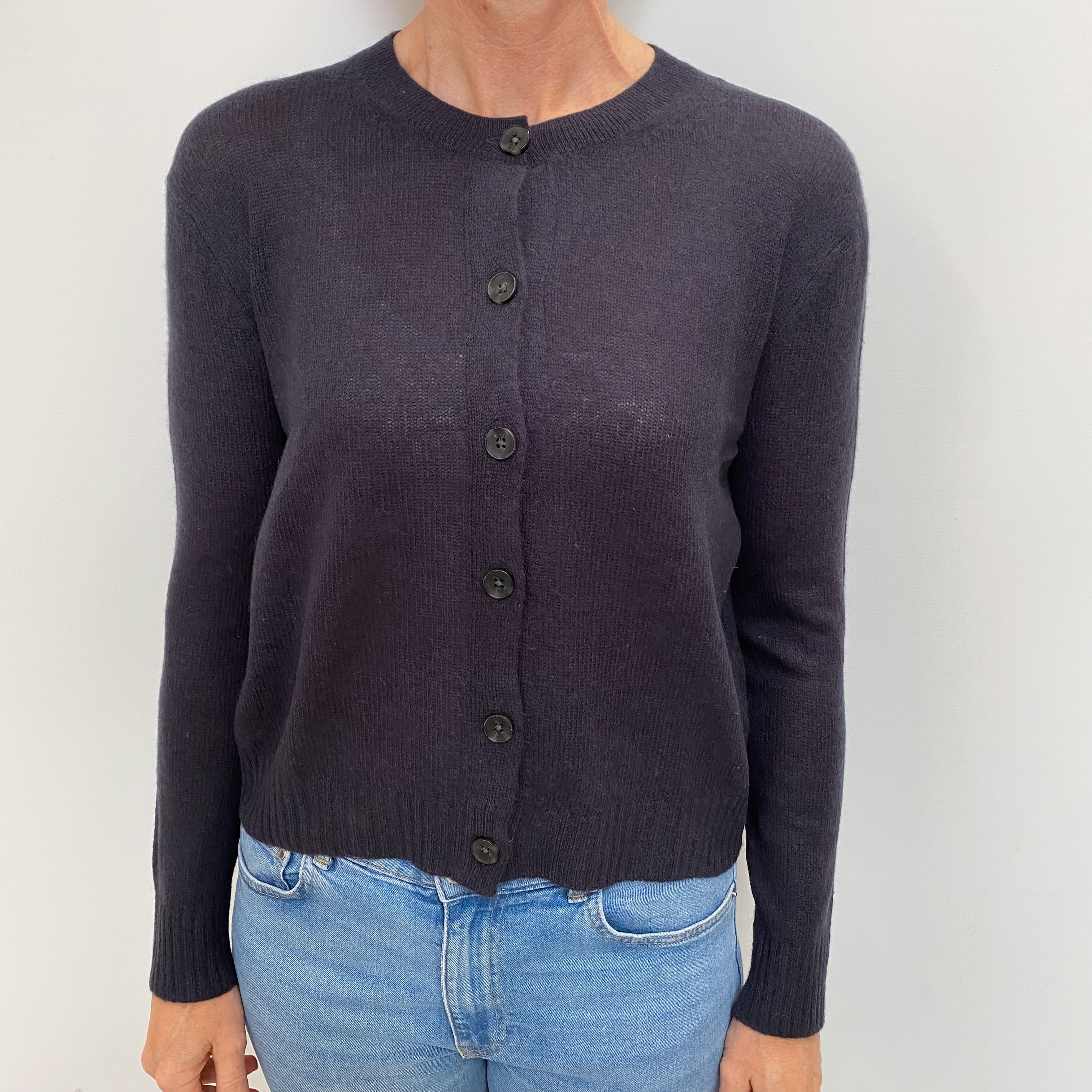 French Navy Blue Cashmere Crew Neck Cardigan Small