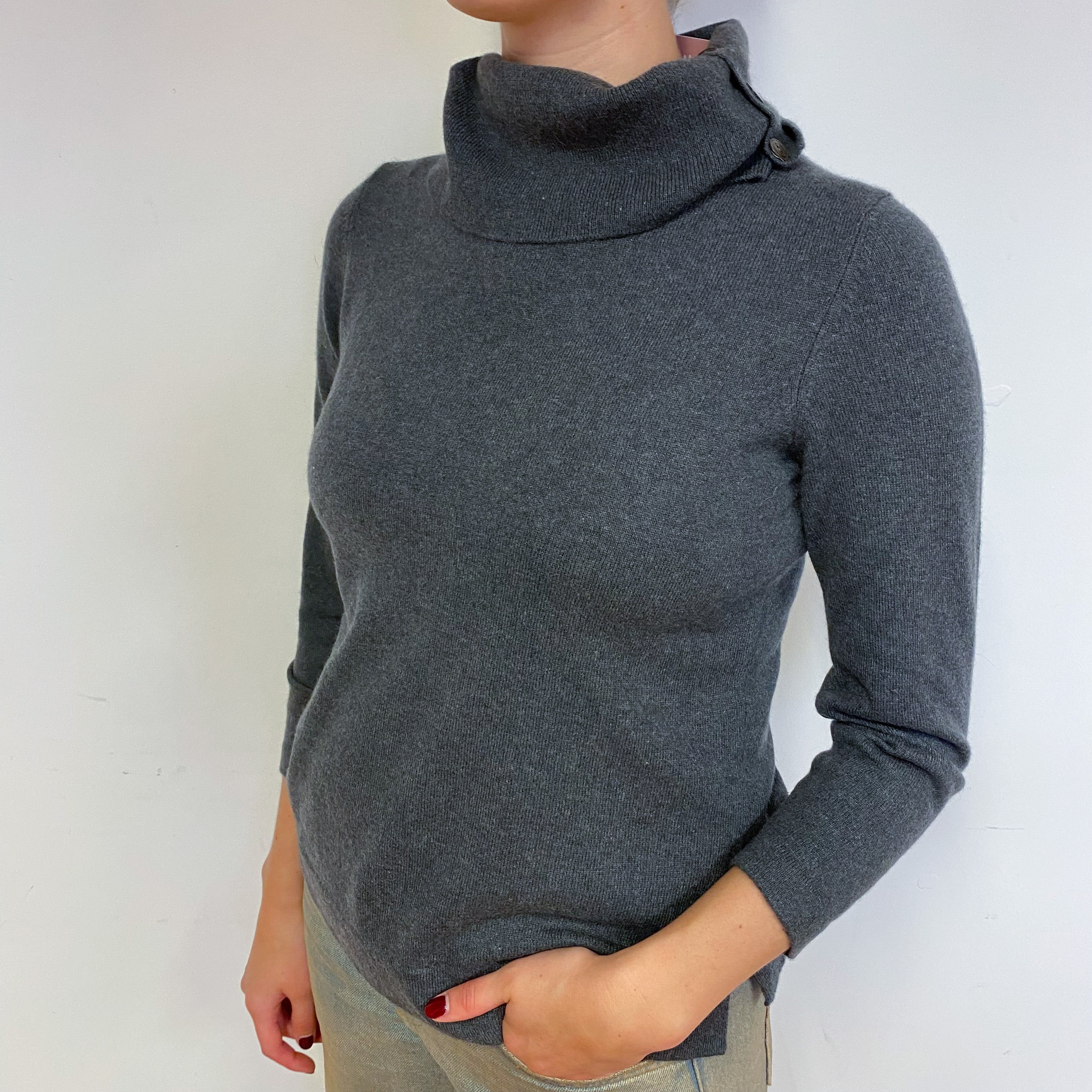 Slate Grey Boxy Cashmere Polo Neck Jumper Small