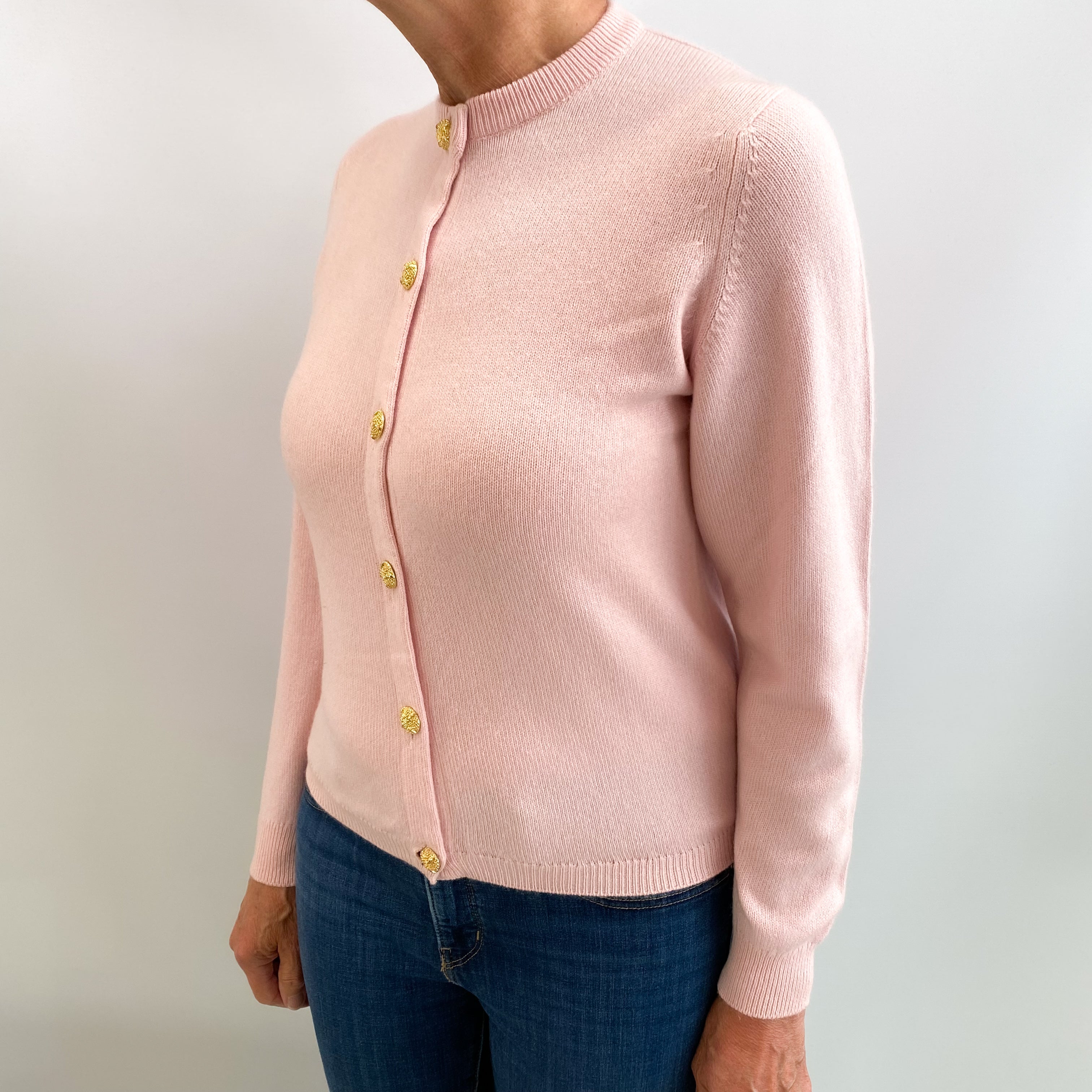 Vintage Scottish Shell Pink Cashmere Crew Neck Cardigan Medium