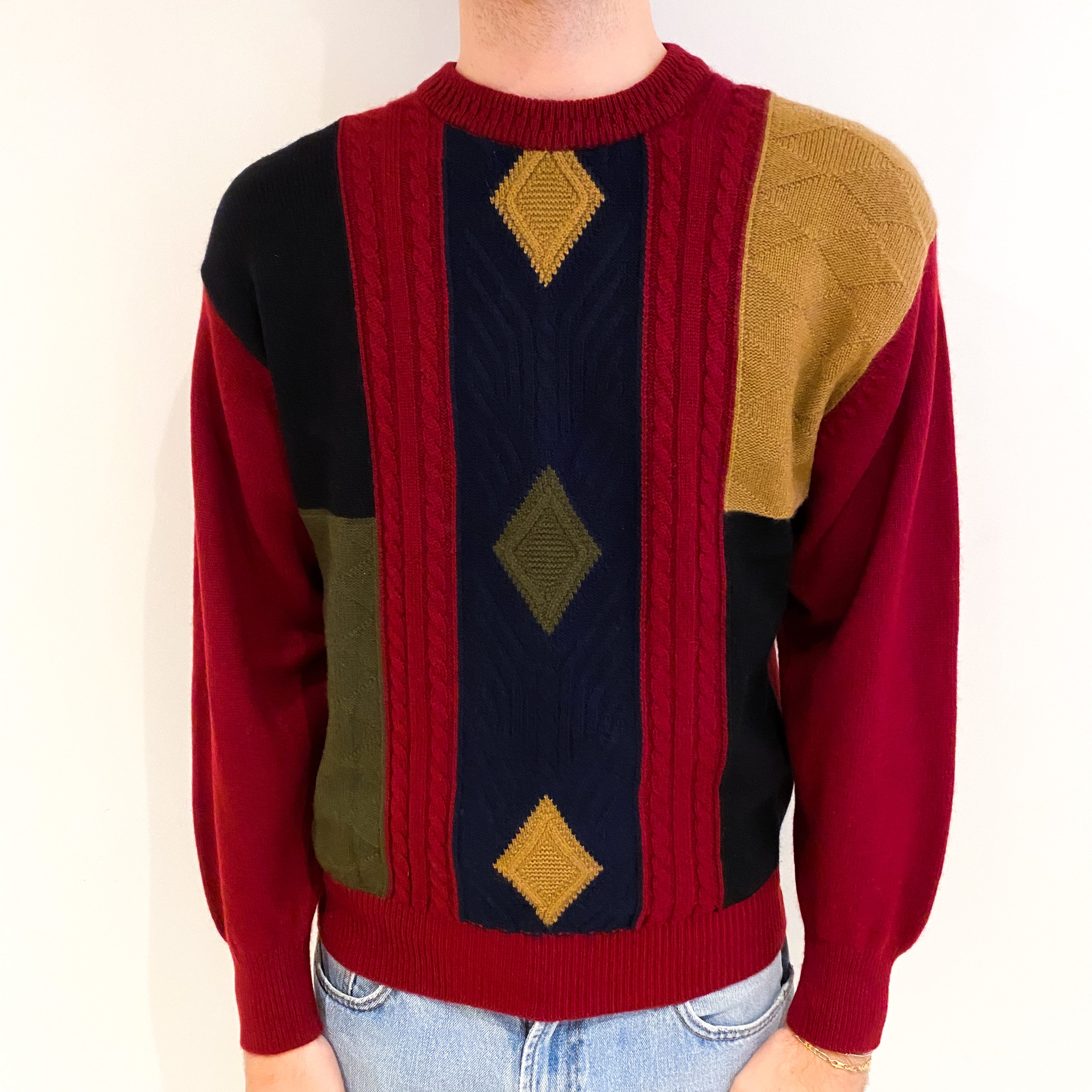 Men's Vintage Burgundy Patterned Cashmere Crew Neck Jumper Medium