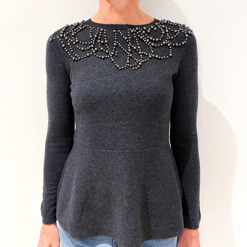 Charcoal Grey Embellished Cashmere Crew Neck Peplum Jumper Small