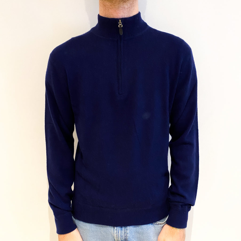 Men's Navy Blue Cashmere 3/4 Zip V Neck Jumper Large