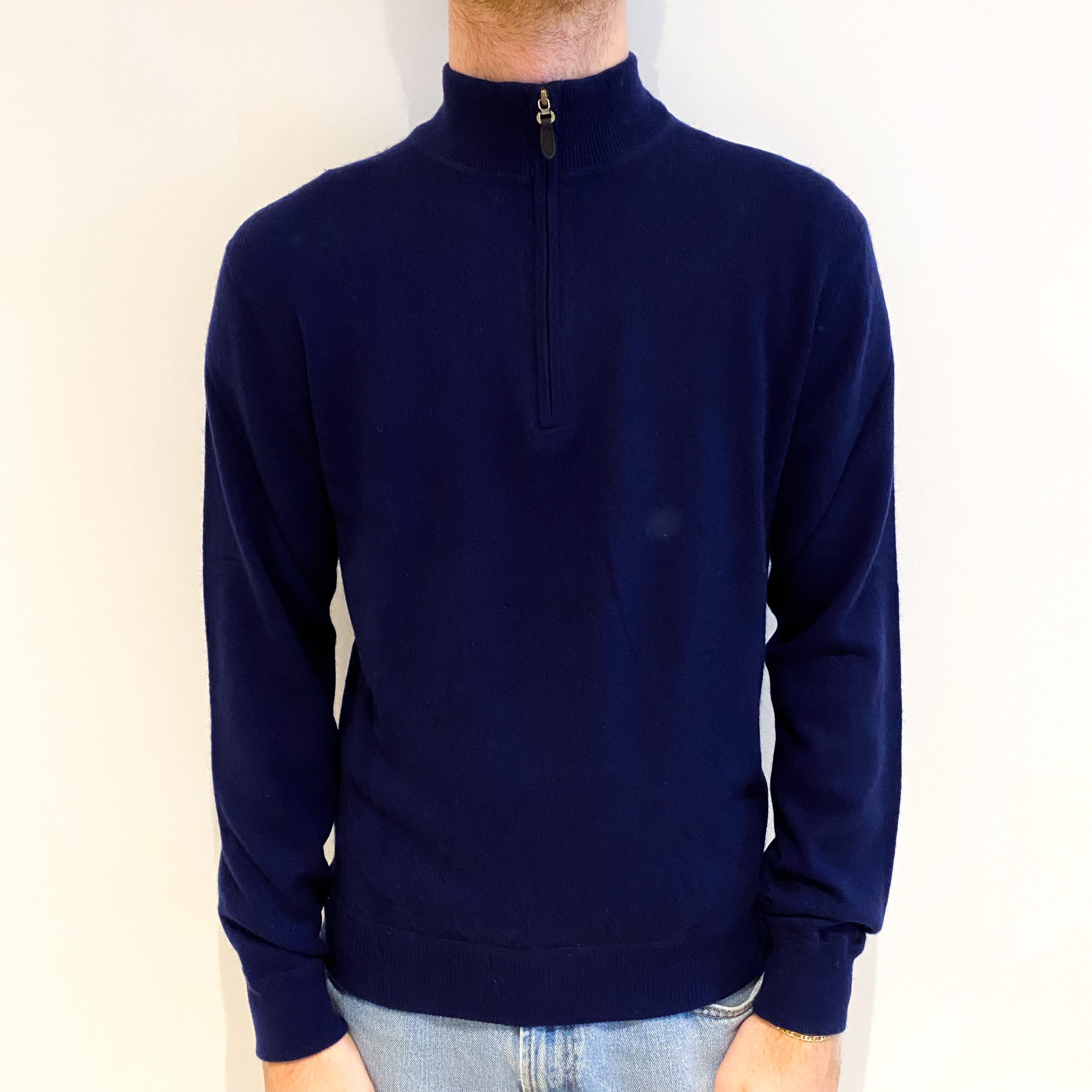 Men's Navy Blue Cashmere 3/4 Zip V Neck Jumper Large