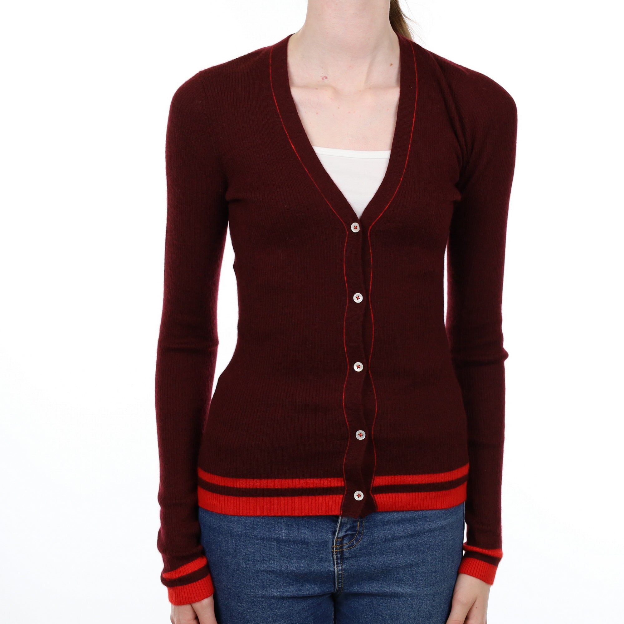 La Ligne Wine Red Cashmere V Neck Cardigan Extra Small