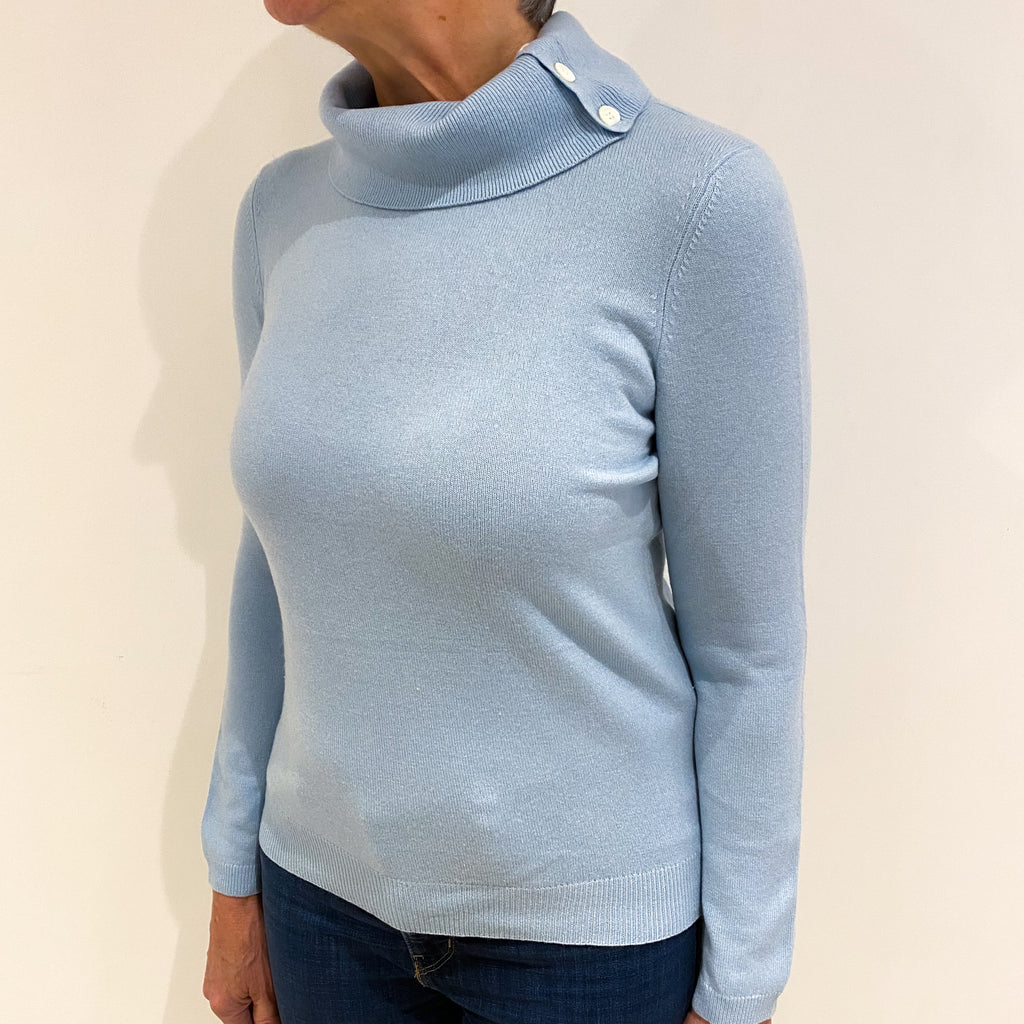 Pale Blue Cashmere Buttoned Funnel Neck Jumper Medium