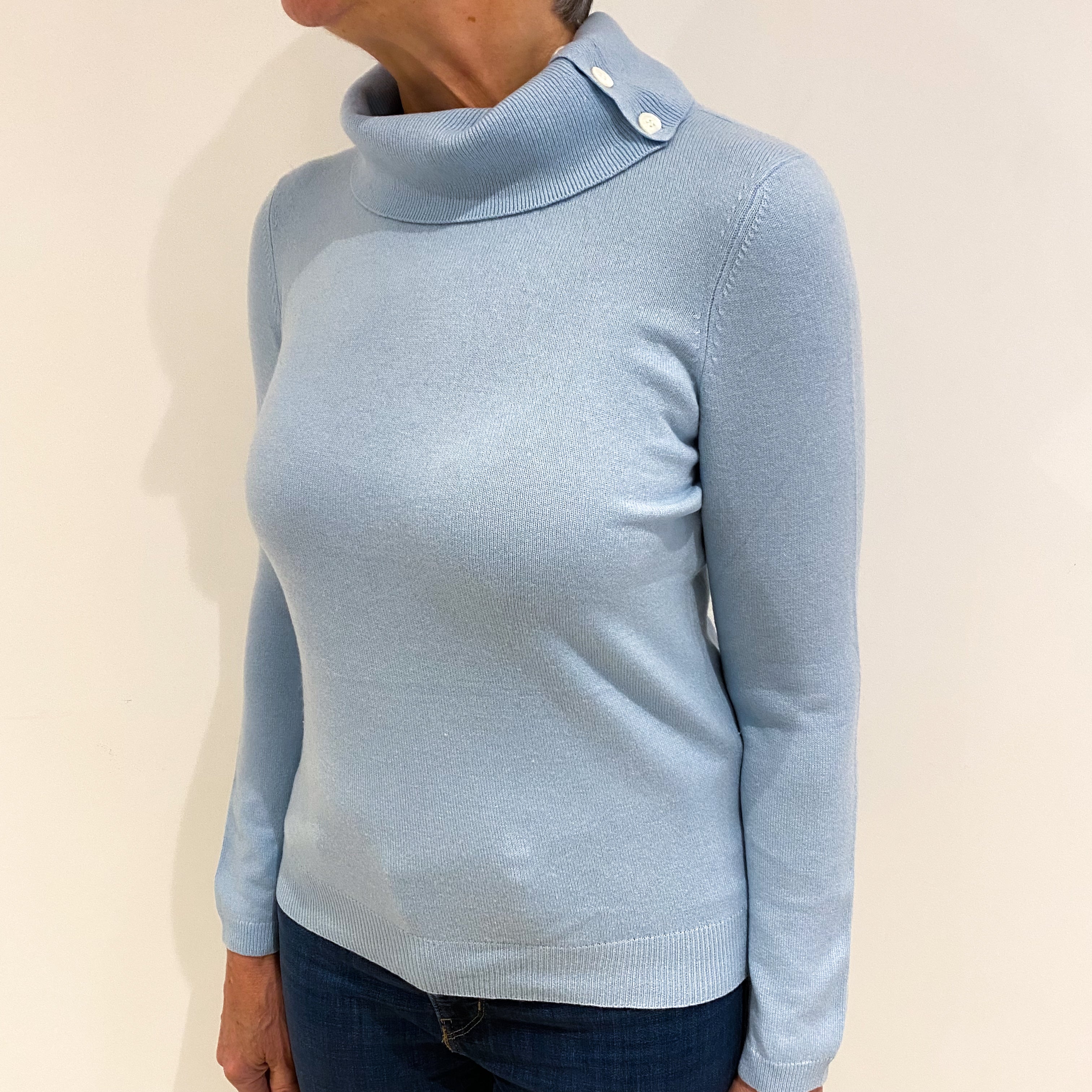 Pale Blue Cashmere Buttoned Funnel Neck Jumper Medium