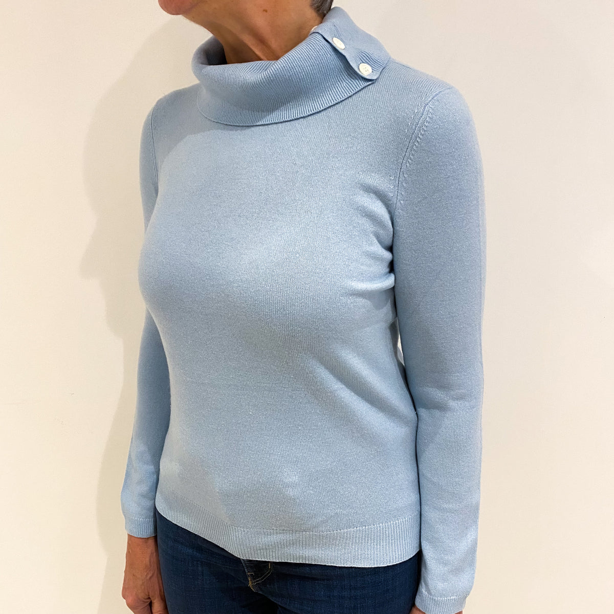 Pale Blue Cashmere Buttoned Funnel Neck Jumper Medium