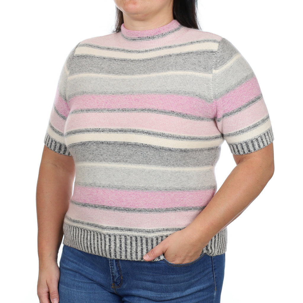 Pink and Grey Striped Cashmere Turtle Neck Short Sleeved Jumper Large
