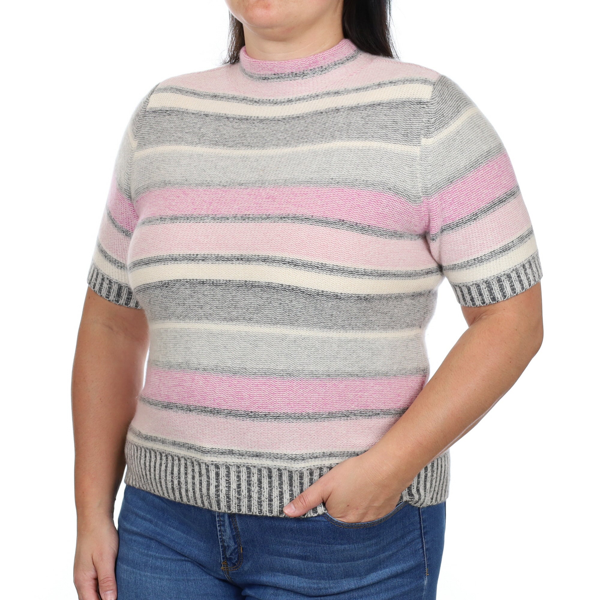 Pink and Grey Striped Cashmere Turtle Neck Short Sleeved Jumper Large